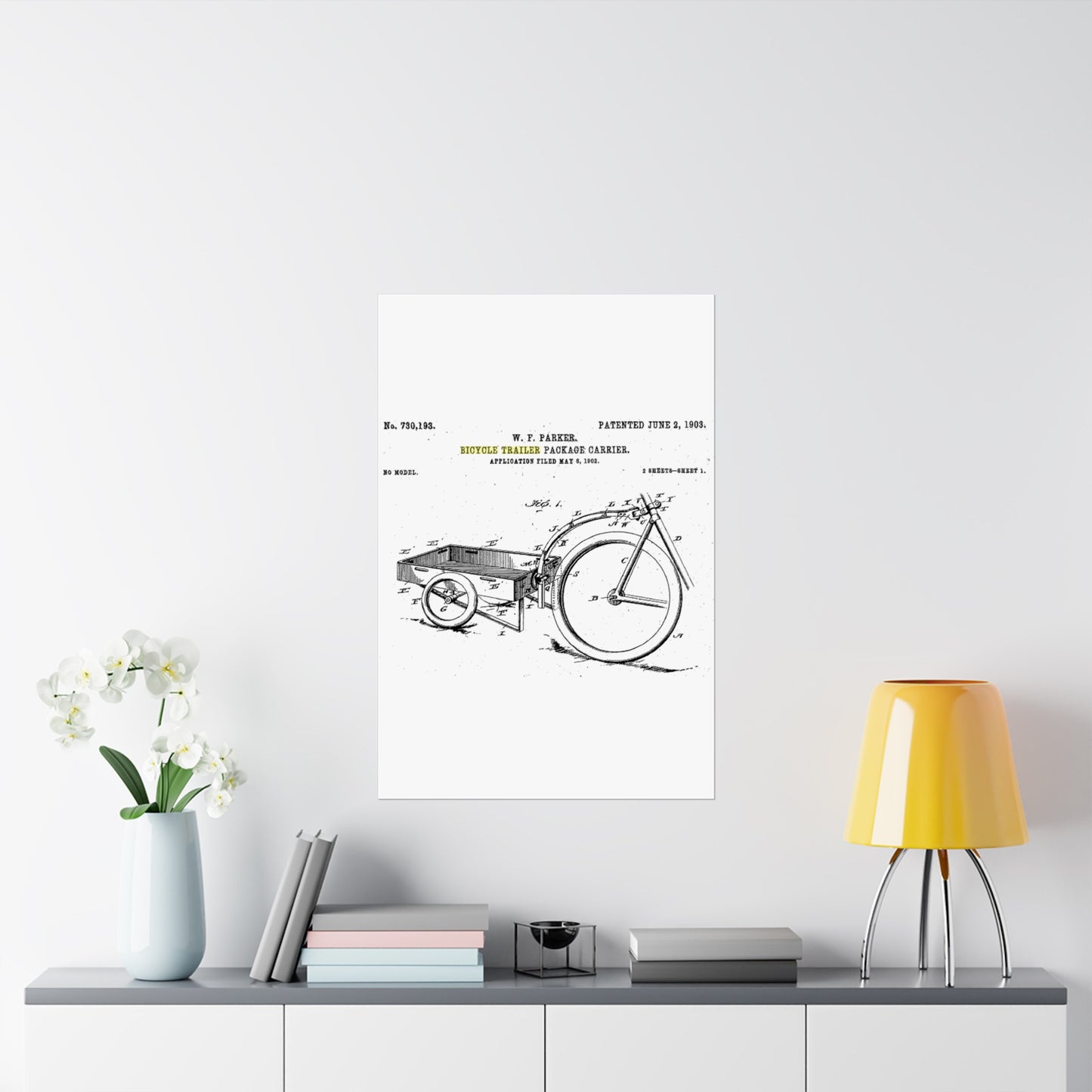 Patent Drawing of Engine - Bicycle Trailer Patent (1903) Public domain  image High Quality Matte Wall Art Poster for Home, Office, Classroom