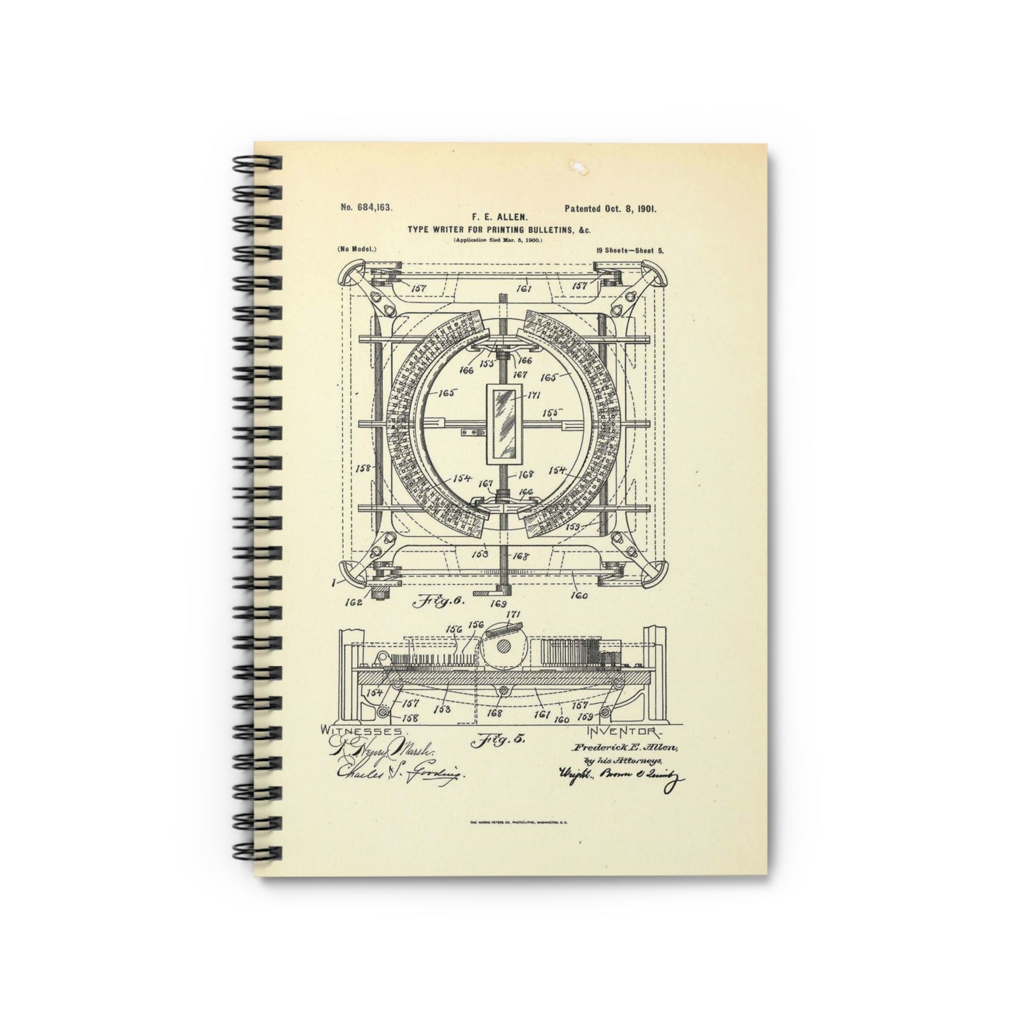 Patent Case File No. 684,163, Typewriter for Printing Bulletins, etc., Inventor- Frederick E. Allen - DPLA - 7c154e563ade85b5dee046e199b8667b (page 168) Spiral Bound Ruled Notebook with Printed Cover