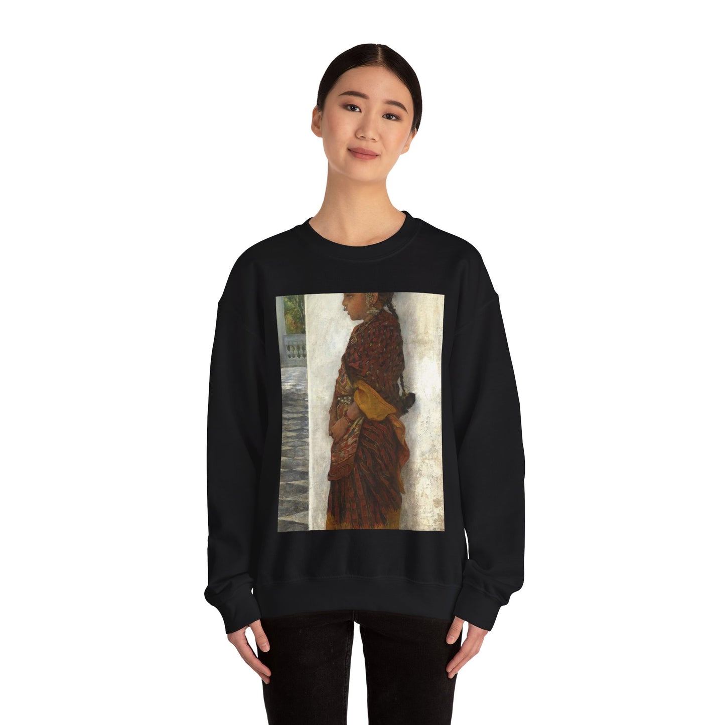 Hermann Linde - Girl standing in a veranda wearing a Pochampalli sari (ca.1895) Black Heavy Blend Adult Crew Neck SweatShirt