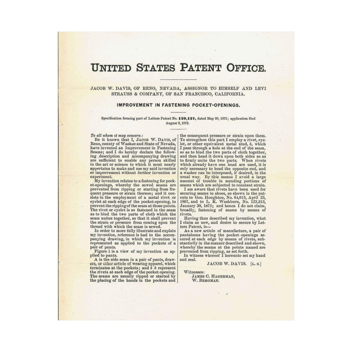 Patent Case File No. 139,121, Improvement in Fastening Pocket Openings, Inventor- Jacob W. Davis - DPLA - afb017b06366ded5b3d9735cb413b735 (page 29) High Quality Matte Wall Art Poster for Home, Office, Classroom