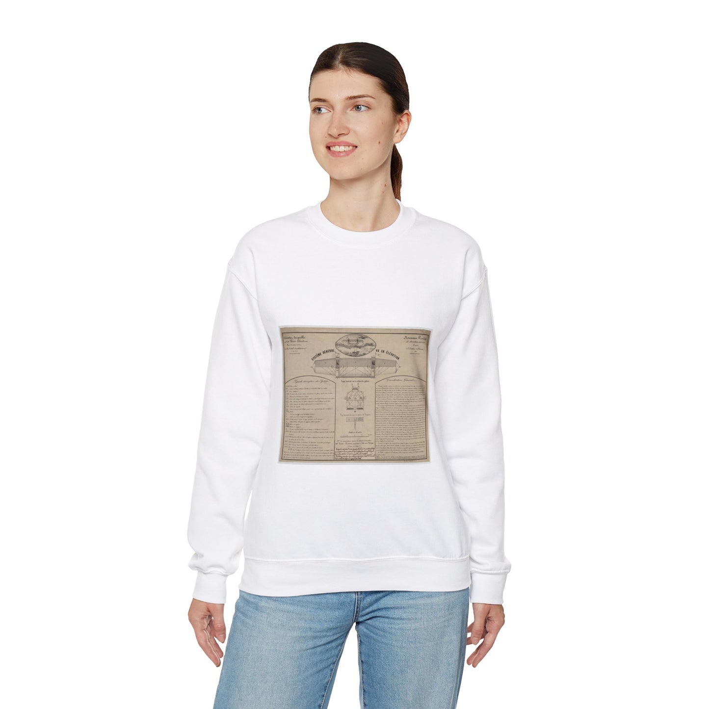 Patent drawing - Aérostat dirigeable système Vaussin Chardanne, brevet ... Nouveaux procédés de direction aérienne présenté à lʹInstitut de France, 1852 Public domain  image White Heavy Blend Adult Crew Neck SweatShirt