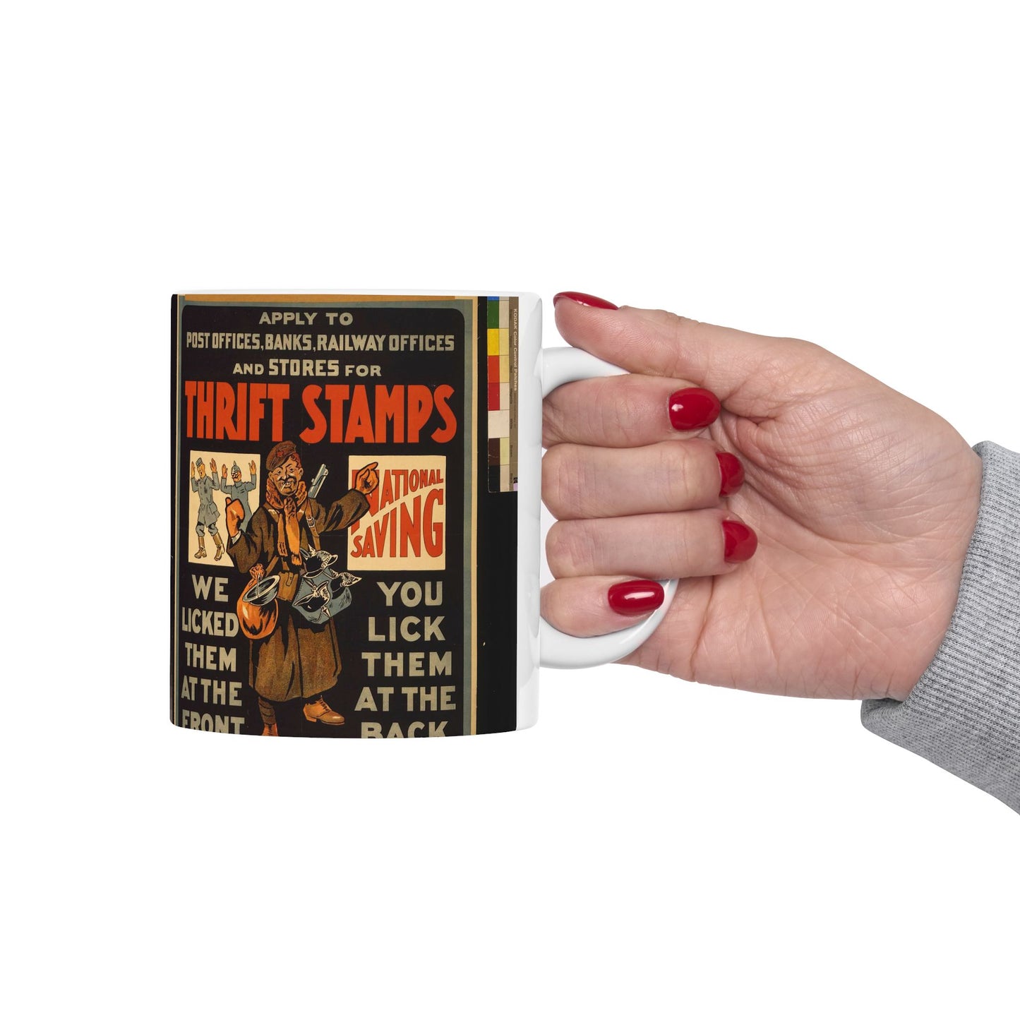 Thrift stamps. We licked them at the front, you lick them at the back Beautiful Novelty Ceramic Coffee Mug 11oz