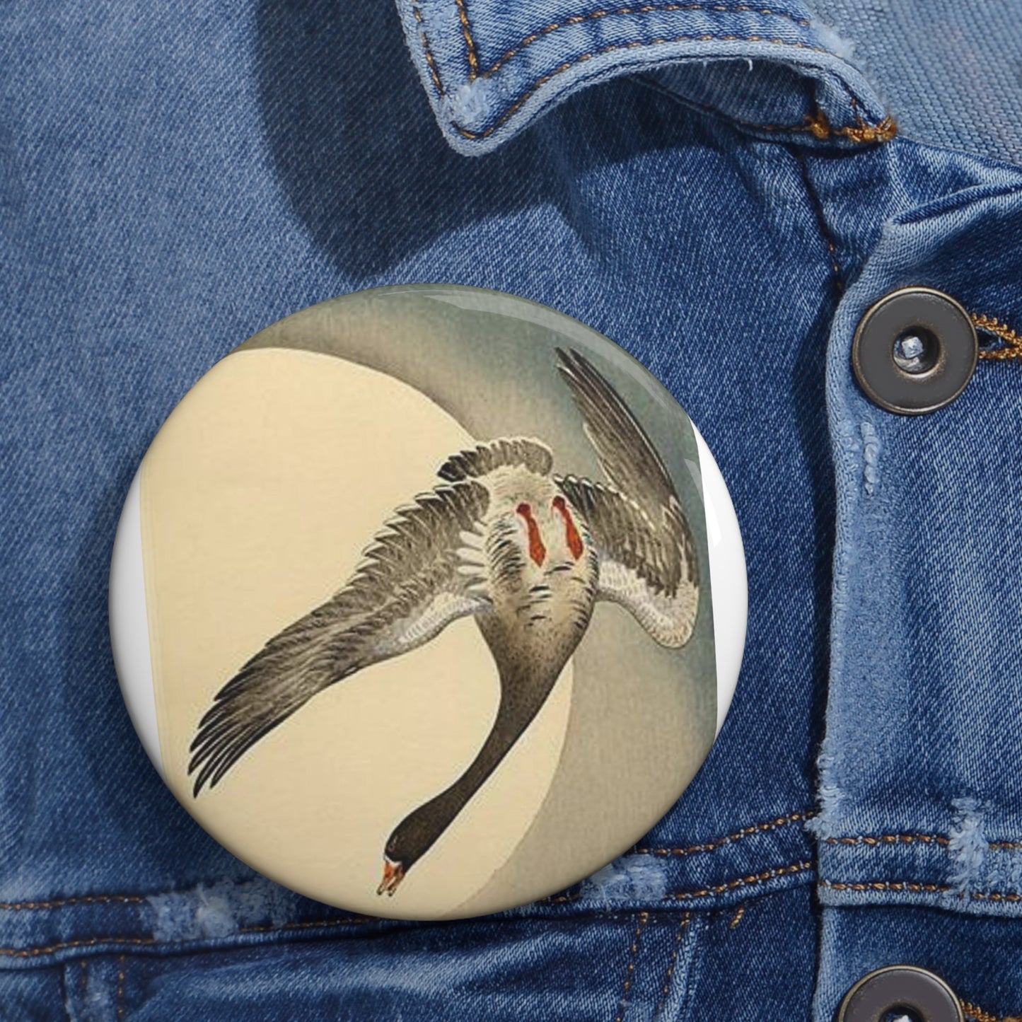 Koson - flying-white-fronted-goose-seen-from-underneath-in-front-of-the-moon Pin Buttons with Crisp Design