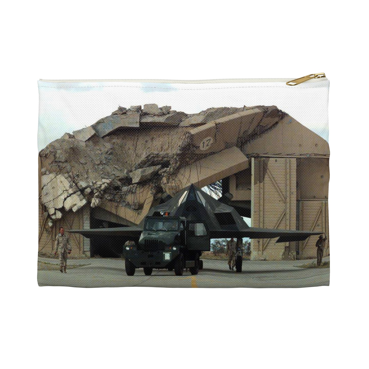 F-117A is towed in front of a destroyed aircraft shelter, Ahmed Al-Jaber Air Base, Kuwait, March 8, 1998 Large Organizer Pouch with Black Zipper