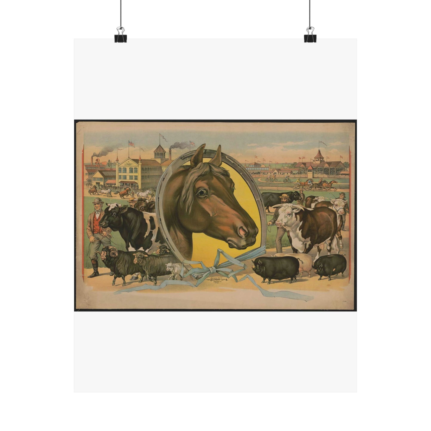 Horse framed by a horseshoe with fair buildings and a racetrack in the background High Quality Matte Wall Art Poster for Home, Office, Classroom