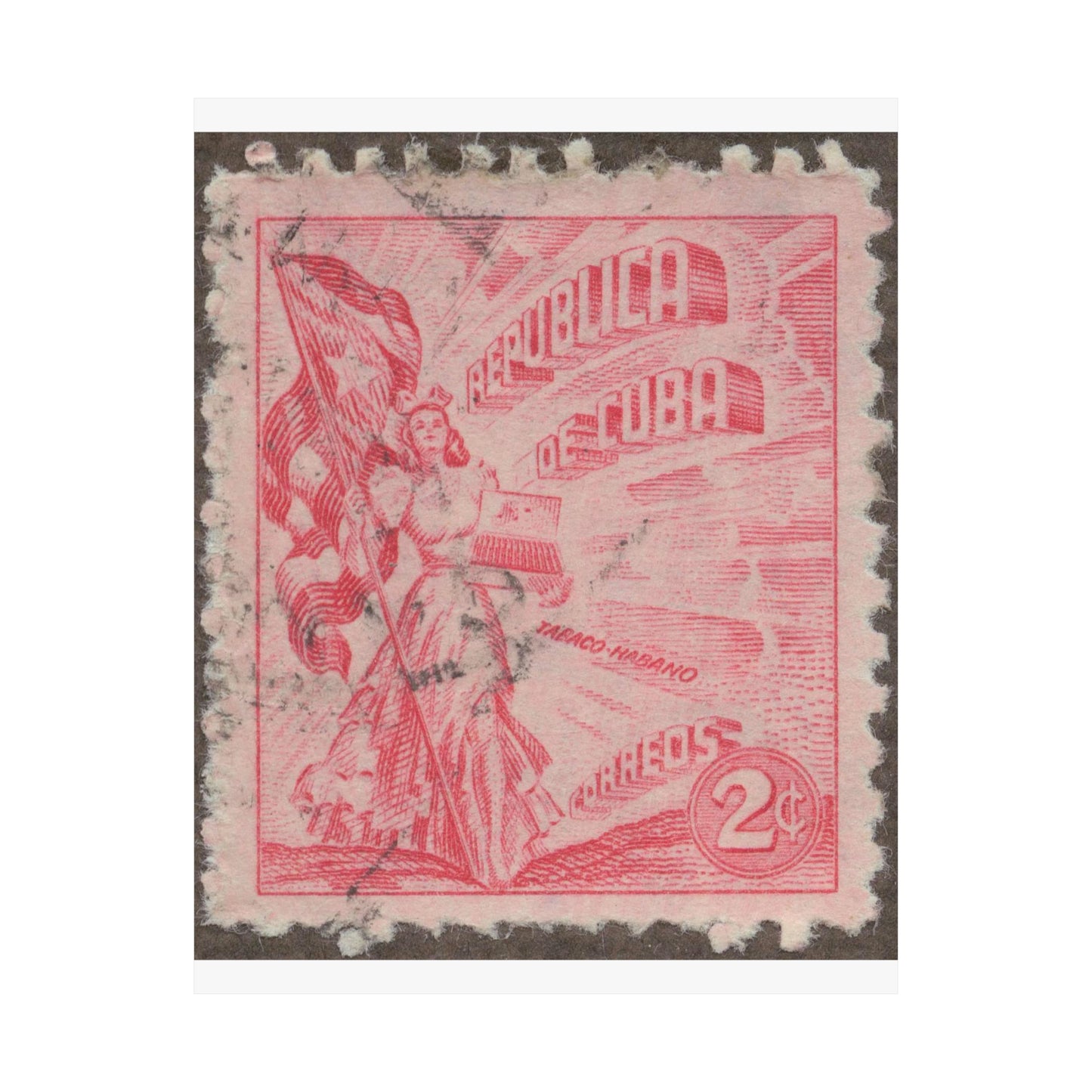 Frimärke ur Gösta Bodmans filatelistiska motivsamling, påbörjad 1950.Frimärke från Cuba, 1948. Motiv av kvinnosymbol för friheten med cigrarrlåda och flagga. High Quality Matte Wall Art Poster for Home, Office, Classroom