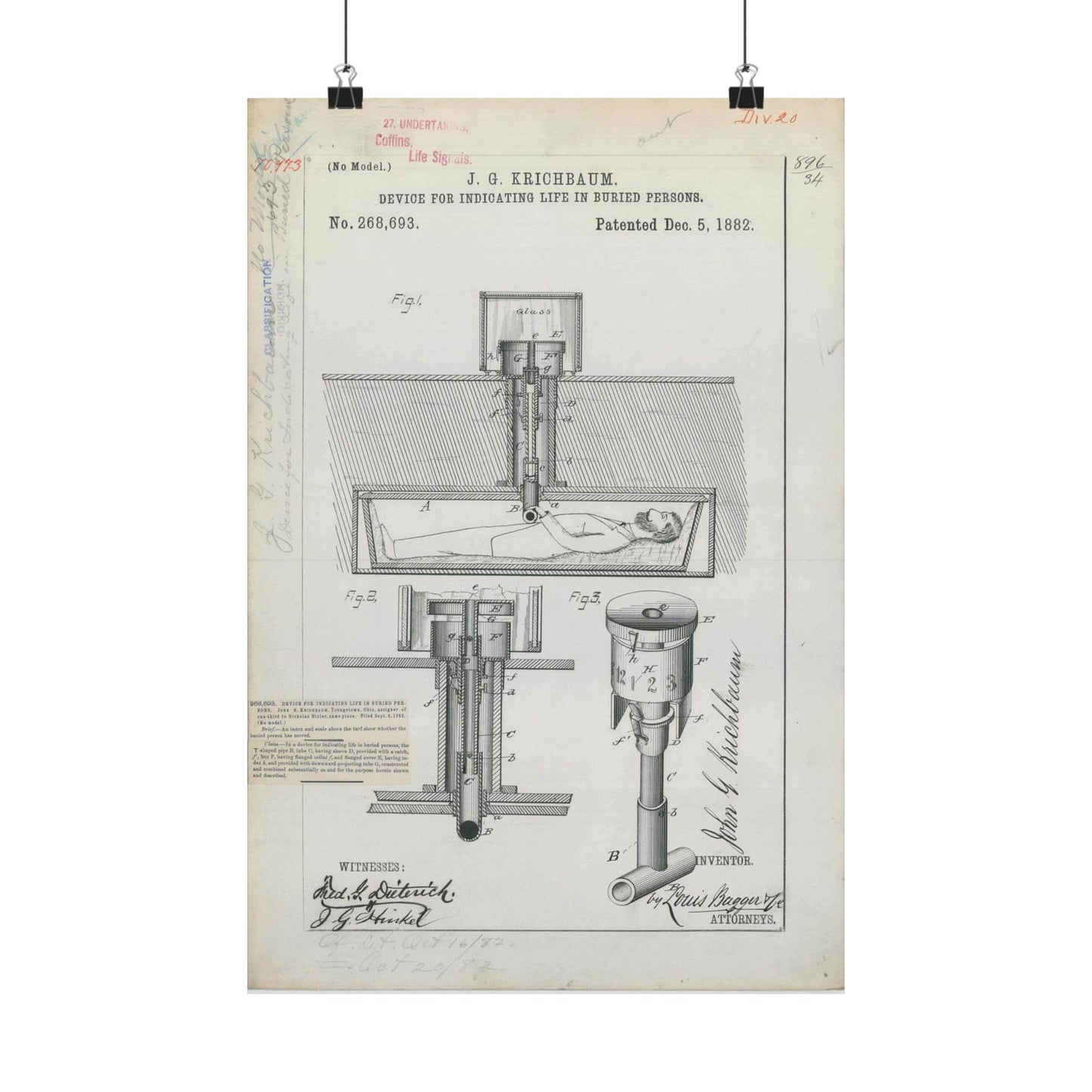 Patent drawing - for J. G. Krichbaum's Device for Indicating Life in Buried Persons Public domain  image High Quality Matte Wall Art Poster for Home, Office, Classroom