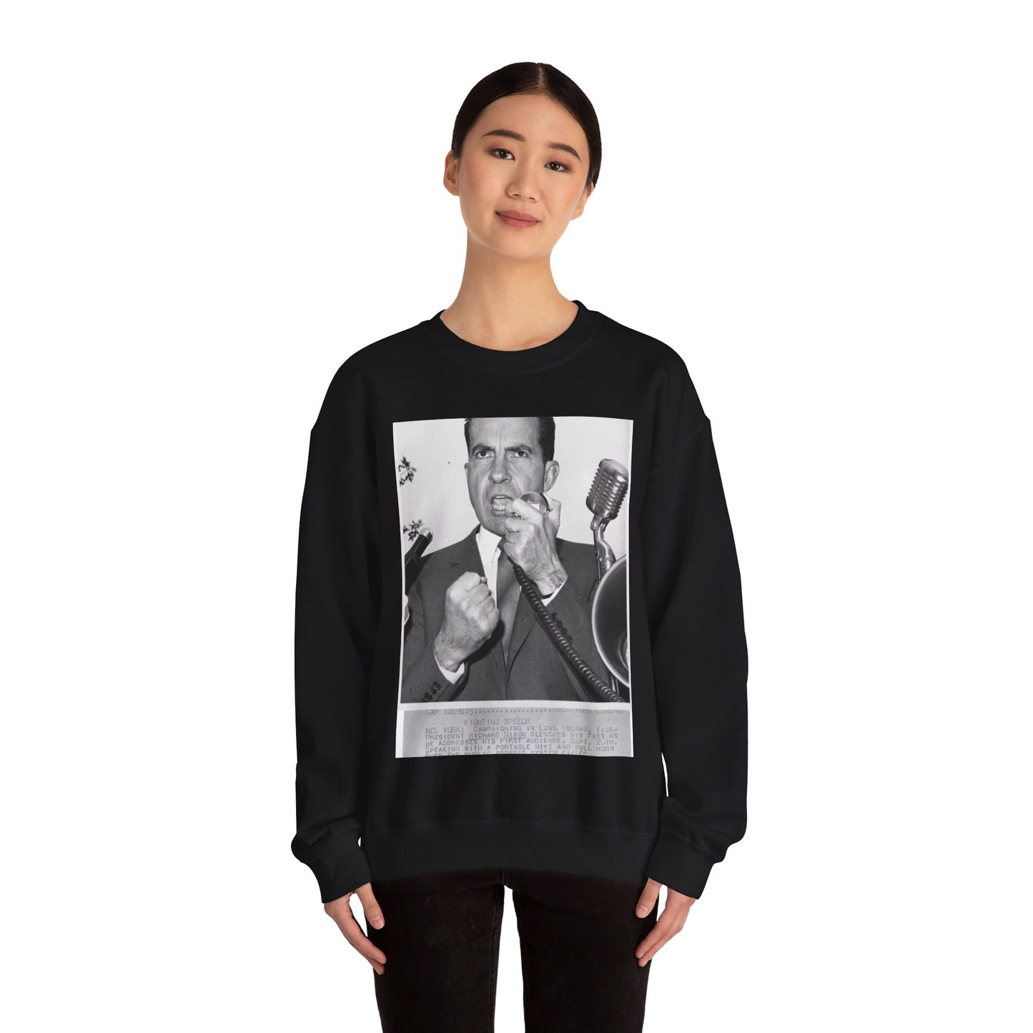 Richard Nixon clinches his fist as he addresses his first audience in Long Island, New York Black Heavy Blend Adult Crew Neck SweatShirt