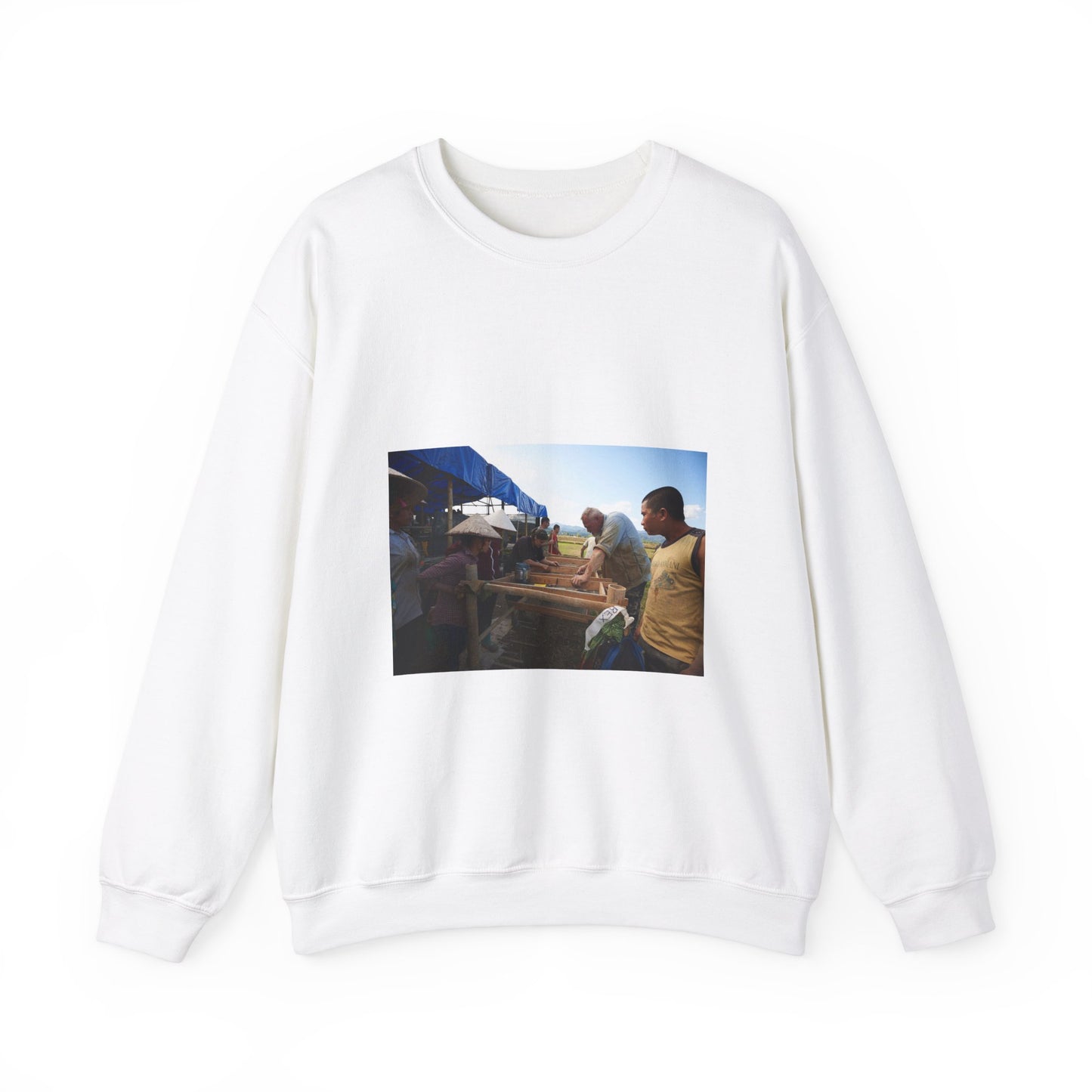 Local workers gather around Dr. Kimberly Maeyama, Defense White Heavy Blend Adult Crew Neck SweatShirt