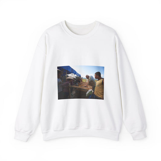 Local workers gather around Dr. Kimberly Maeyama, Defense White Heavy Blend Adult Crew Neck SweatShirt