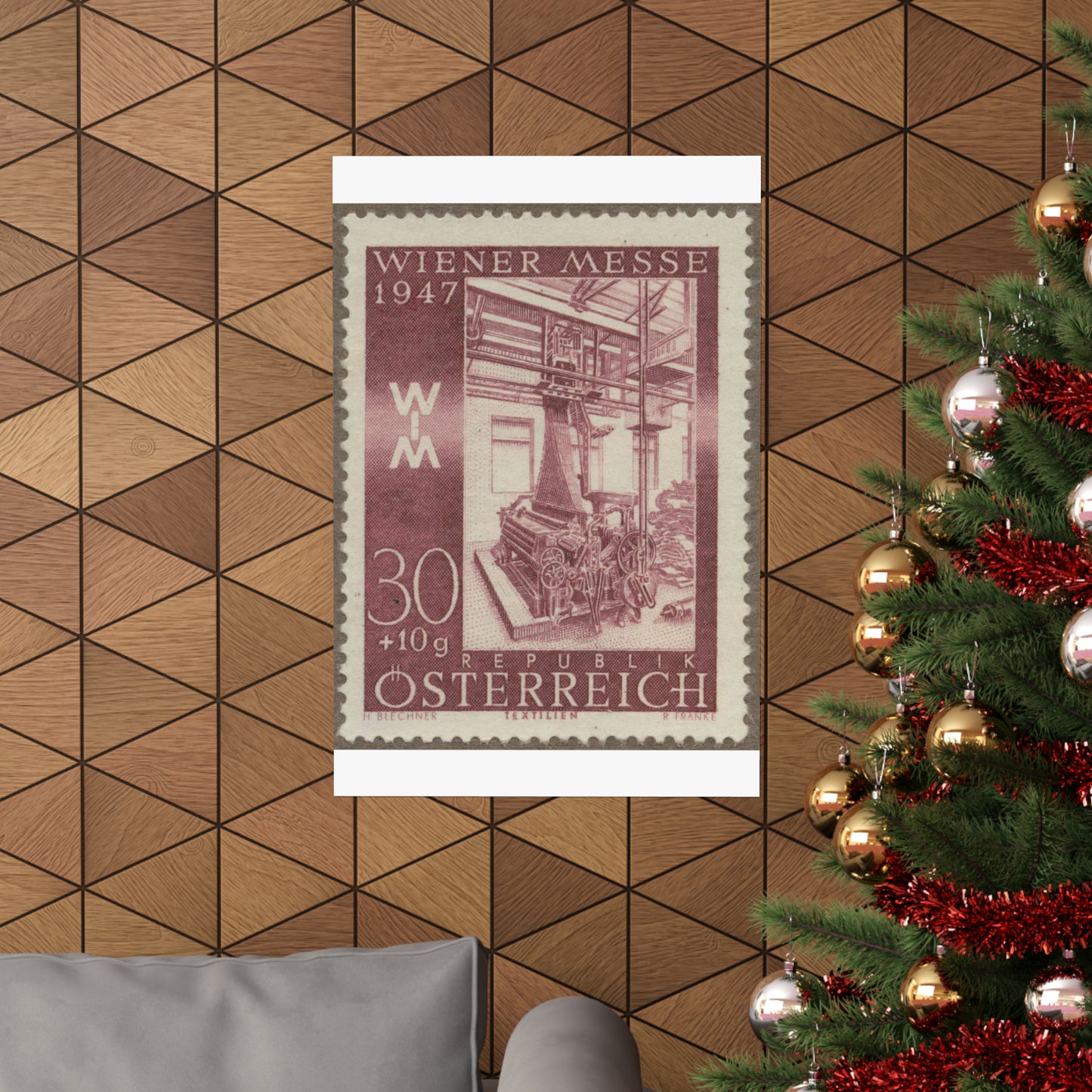 Frimärke ur Gösta Bodmans filatelistiska motivsamling, påbörjad 1950.Frimärke från Österrike, 1947. Motiv av jacquardvävstol i Österrike 1947. "Wienermässan 1947" High Quality Matte Wall Art Poster for Home, Office, Classroom