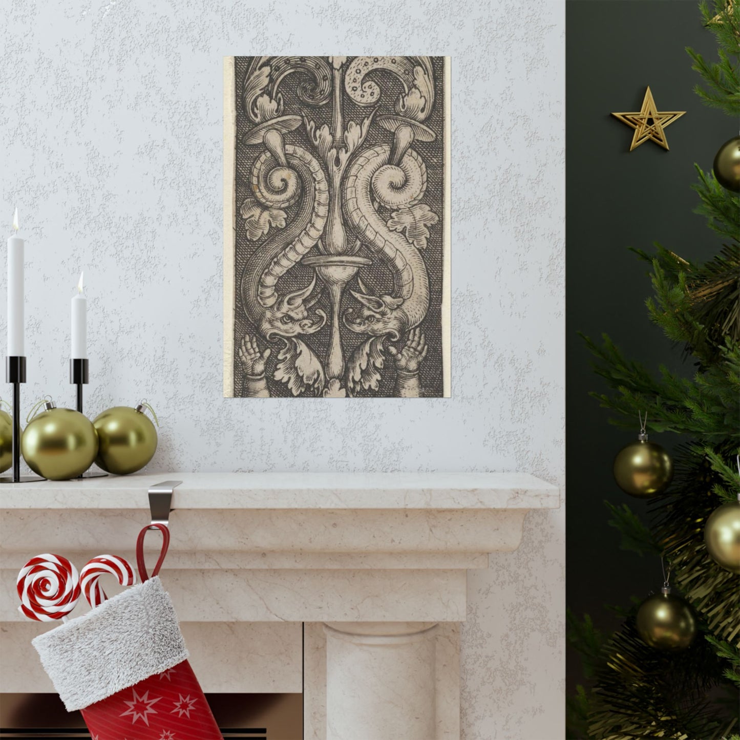 Vertical Panel with a Candelabrum Stemming from a Leaf-Faced Grostesque at Bottom High Quality Matte Wall Art Poster for Home, Office, Classroom