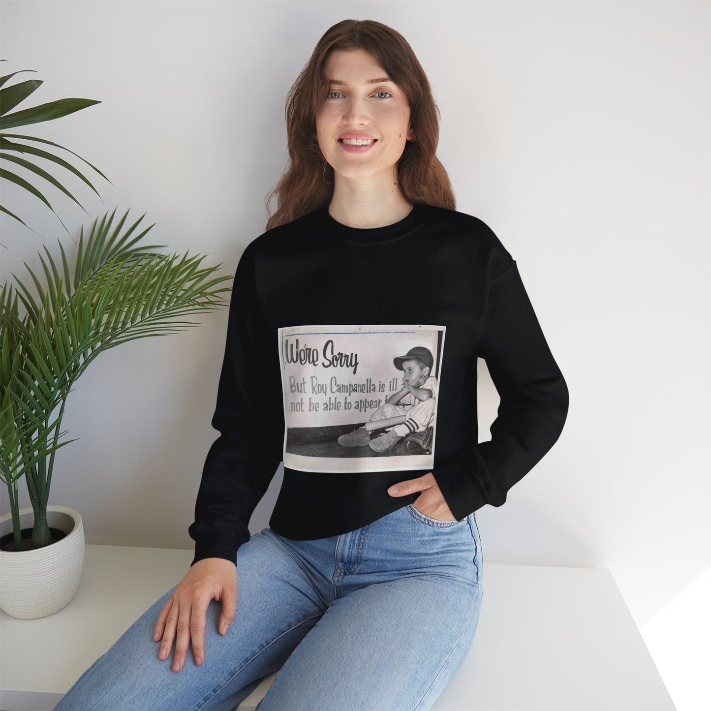 "We're sorry, but Roy Campanella is ill a[nd ...] not be able to appear [...] / World Telegram & Sun photo by Roger Higgins. Black Heavy Blend Adult Crew Neck SweatShirt