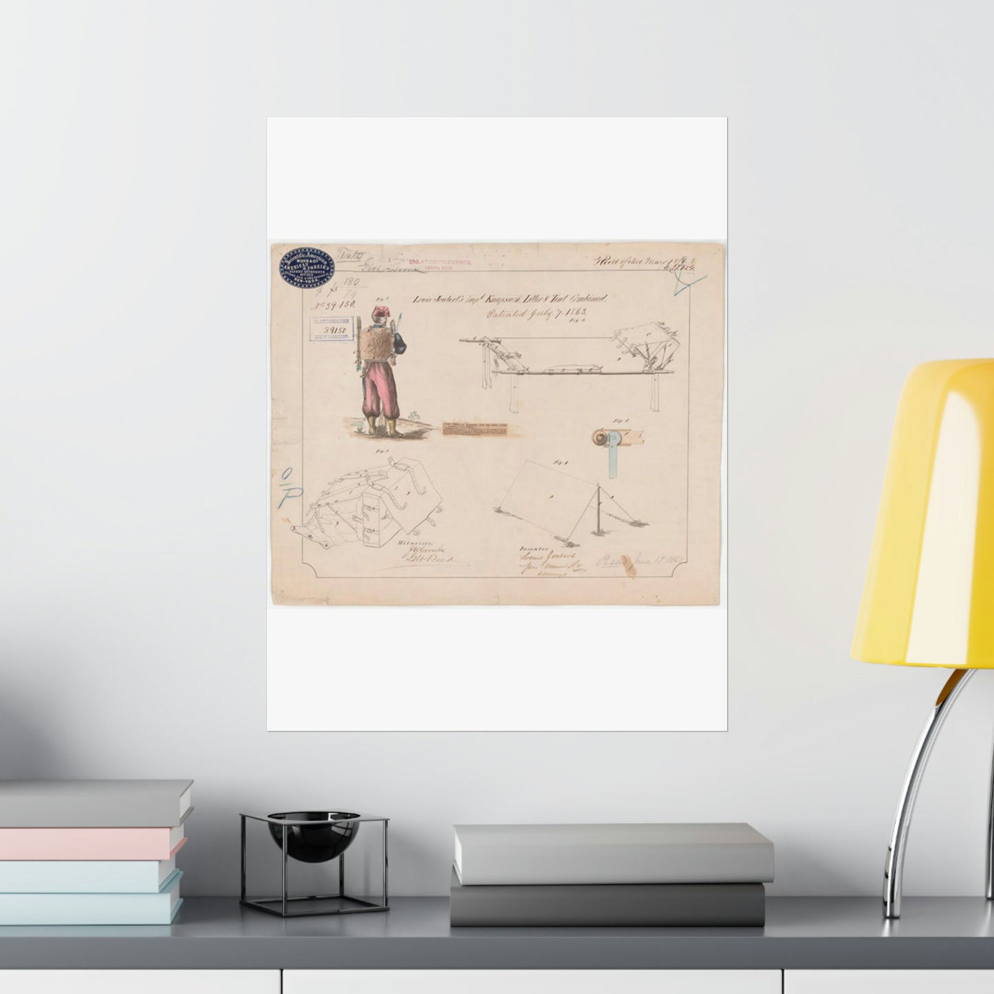 Patent drawing - Drawing of Improved Knapsack, Litter and Tent Combined Public domain  image High Quality Matte Wall Art Poster for Home, Office, Classroom