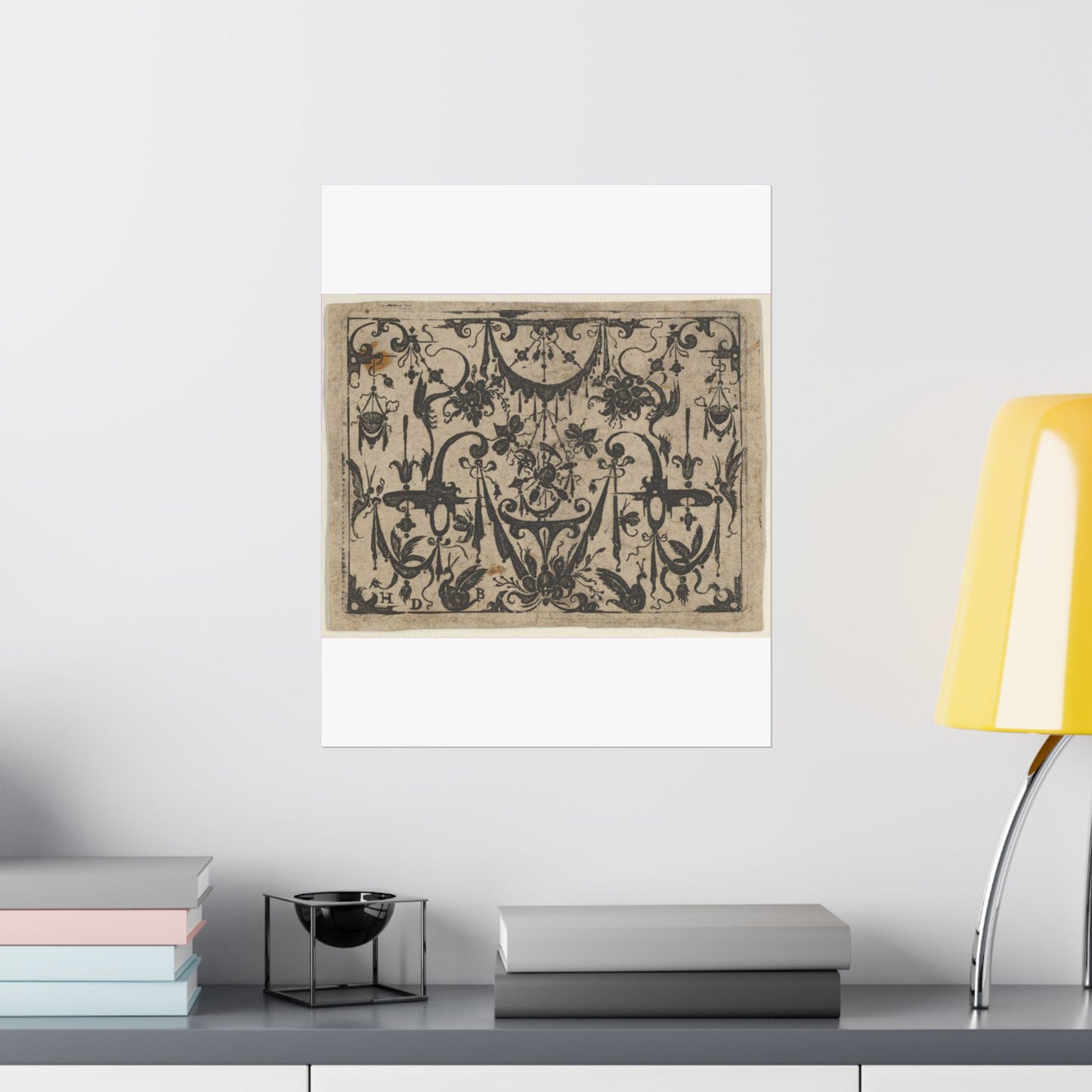 Blackwork Print with a Trophy at Center Surrounded by Grotesques and Swag Drapery High Quality Matte Wall Art Poster for Home, Office, Classroom