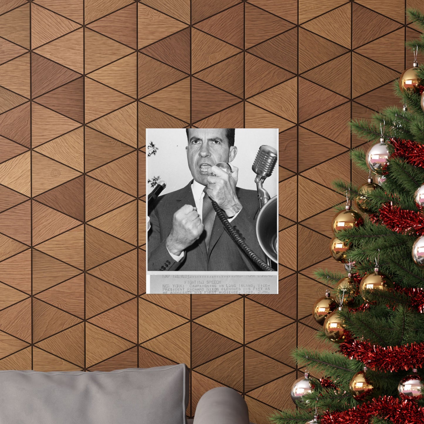 Richard Nixon clinches his fist as he addresses his first audience in Long Island, New York High Quality Matte Wall Art Poster for Home, Office, Classroom