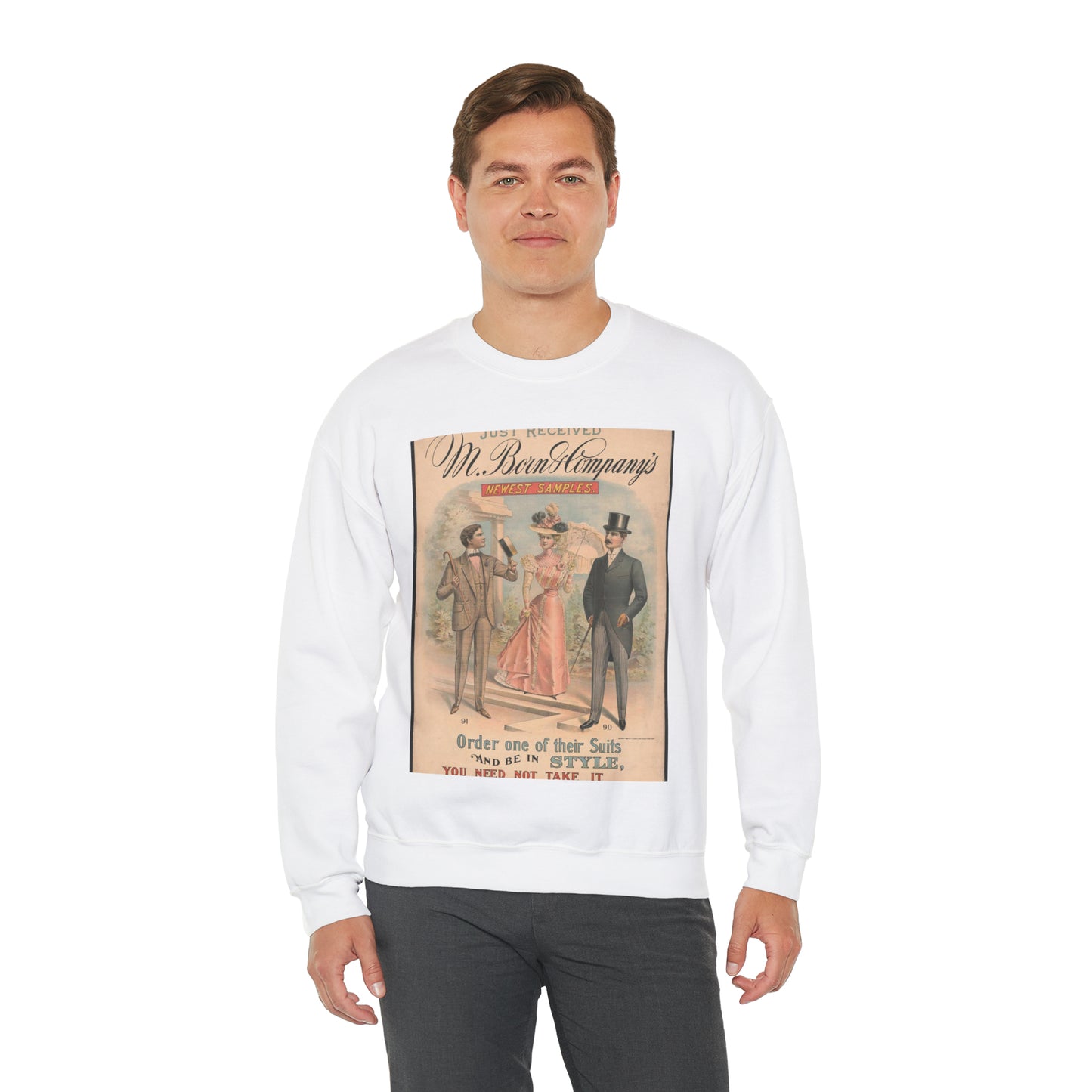 Just received, M. Born & Company's newest samples, order one of their suits, and be in style, you need not take it, if it does not please you White Heavy Blend Adult Crew Neck SweatShirt