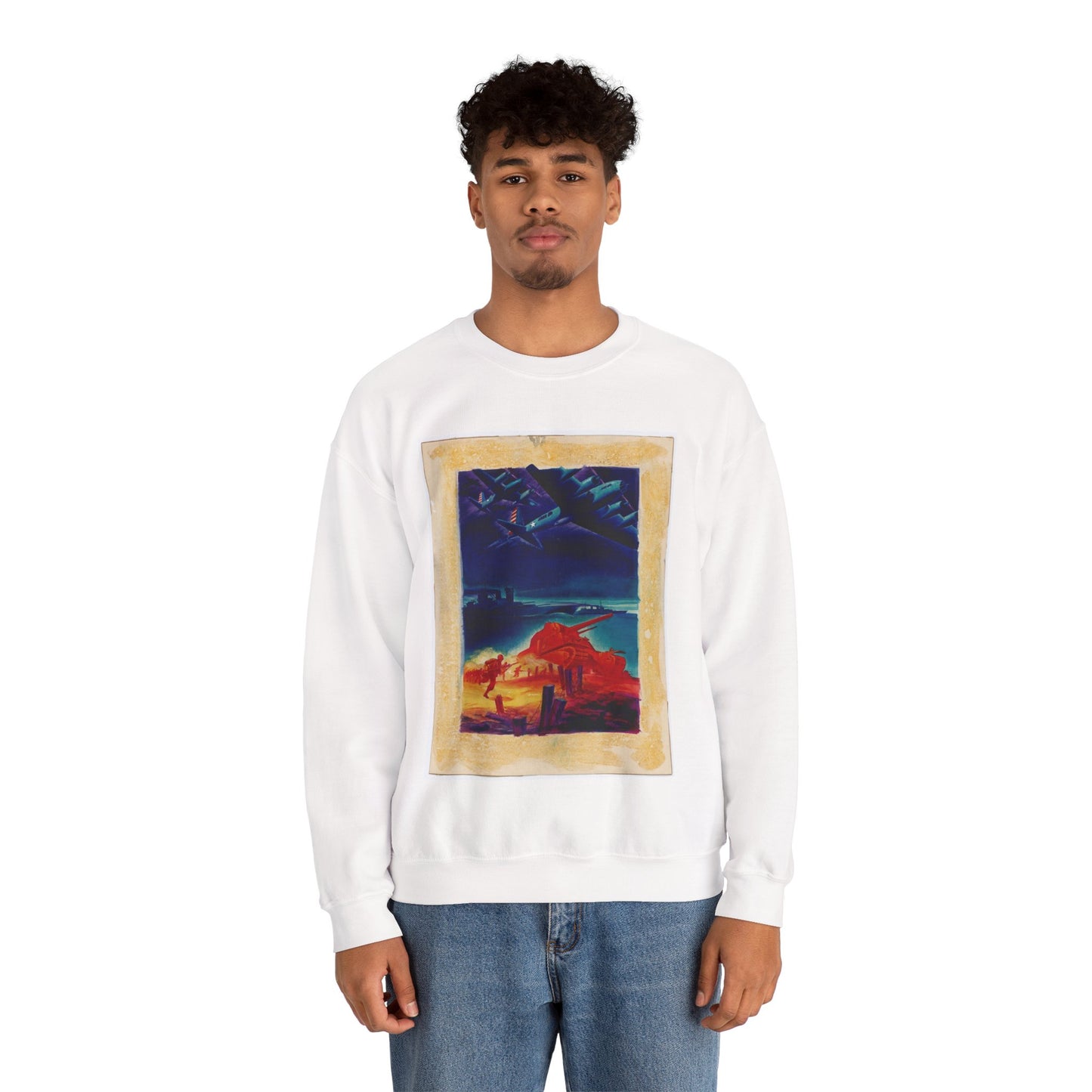 [Infantry, tanks, ships, airplanes attacking] [R.G.] White Heavy Blend Adult Crew Neck SweatShirt