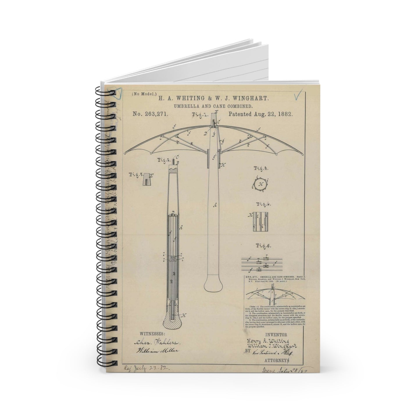 Patent drawing - for H. A. Whiting and W. J. Winghart's Umbrella and Cane Combined Public domain  image Spiral Bound Ruled Notebook with Printed Cover