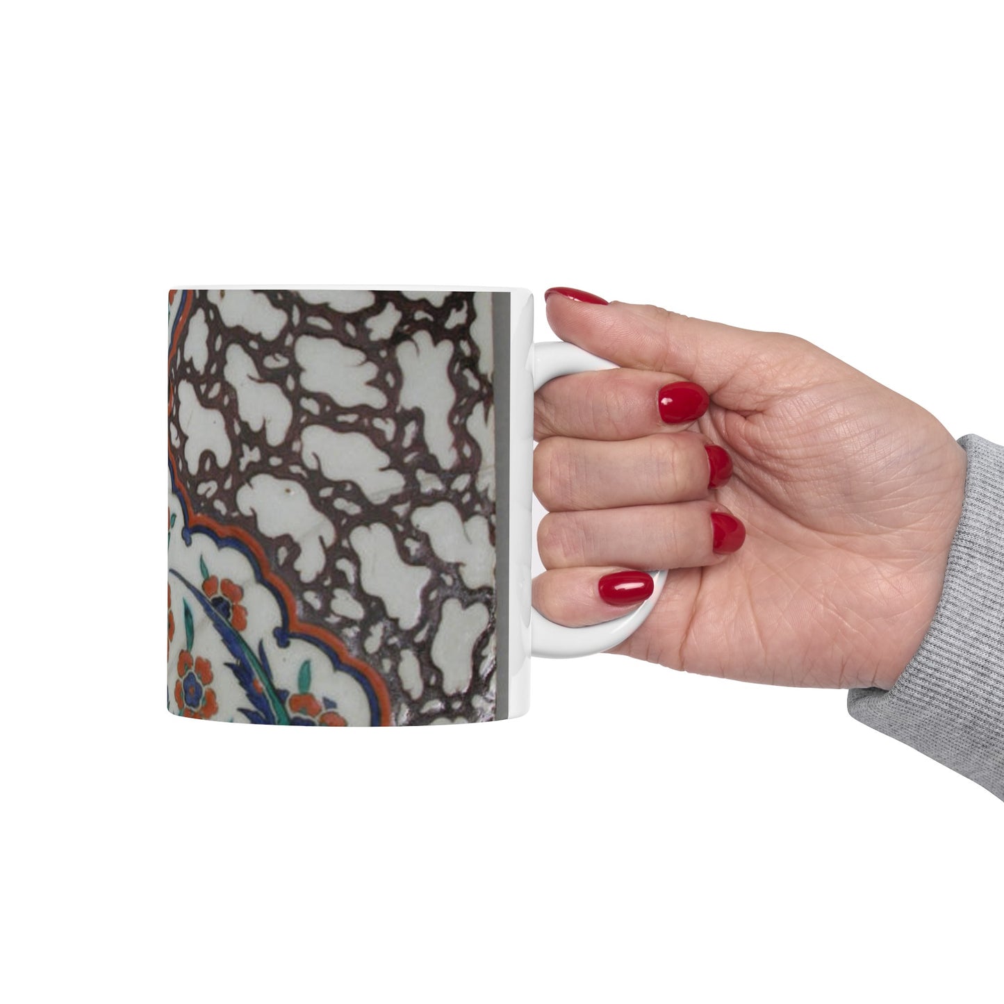 Tile with Floral Cartouche Design on Ebru (Marble Imitation Pattern) Background Beautiful Novelty Ceramic Coffee Mug 11oz