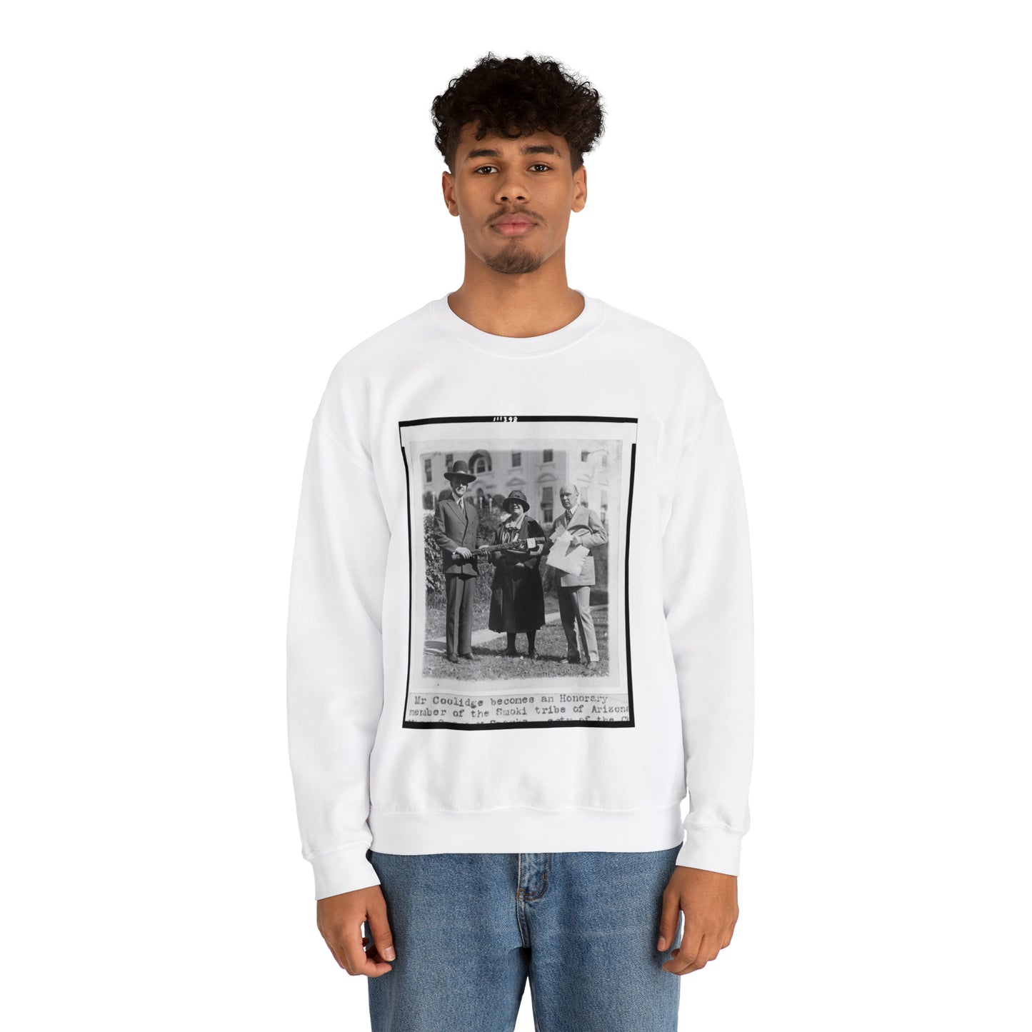 Mr. Coolidge becomes an honorary member of the Smoki [i.e., Hopi] tribe of Arizona--Miss Grace M. Sparks, Secty. of the Chamber of Commerce of Prescott, Ariz. and H.M. Watkins, Secty. of the Chamber of Phoenix White Heavy Blend Adult Crew Neck SweatShirt