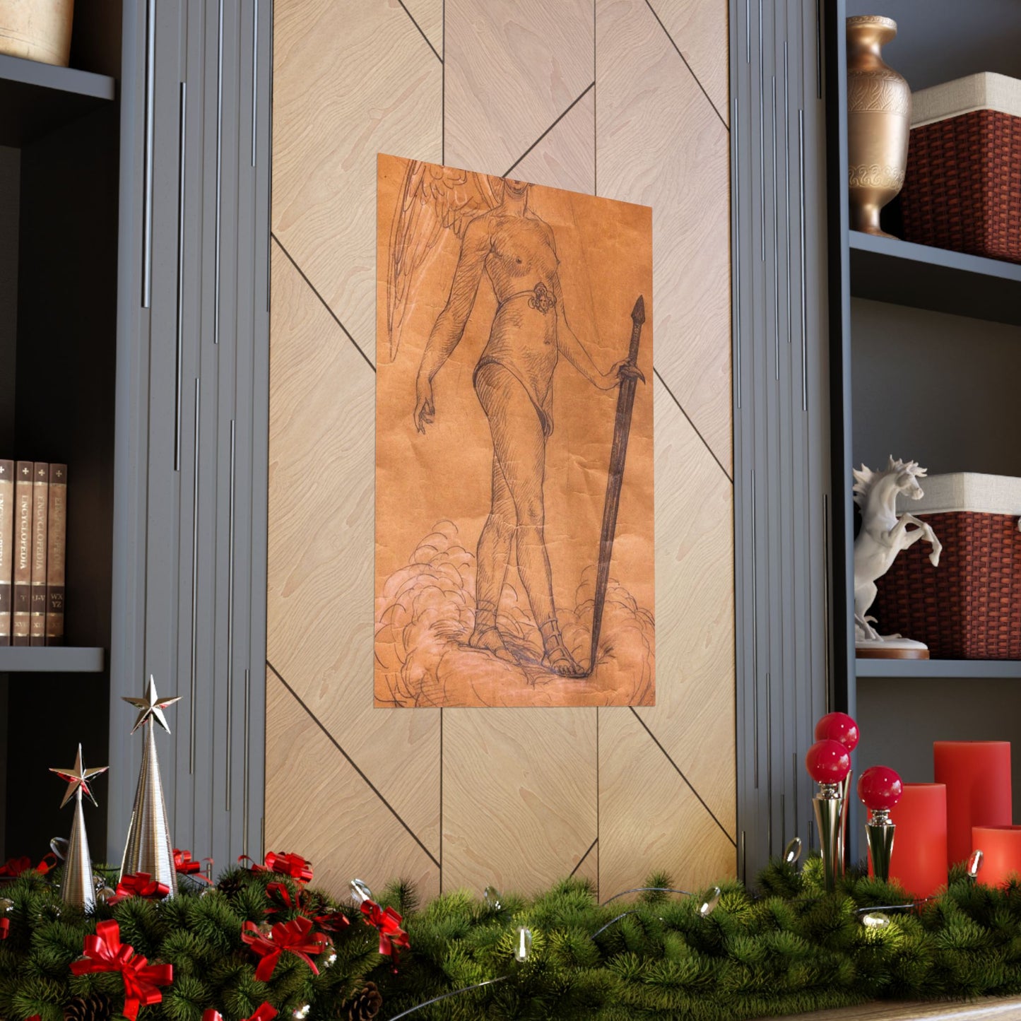 A drawing of an angel holding a sword. Woman breasts sword, beauty fashion. High Quality Matte Wall Art Poster for Home, Office, Classroom