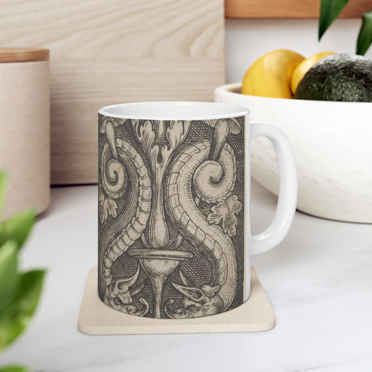 Vertical Panel with a Candelabrum Stemming from a Leaf-Faced Grostesque at Bottom Beautiful Novelty Ceramic Coffee Mug 11oz