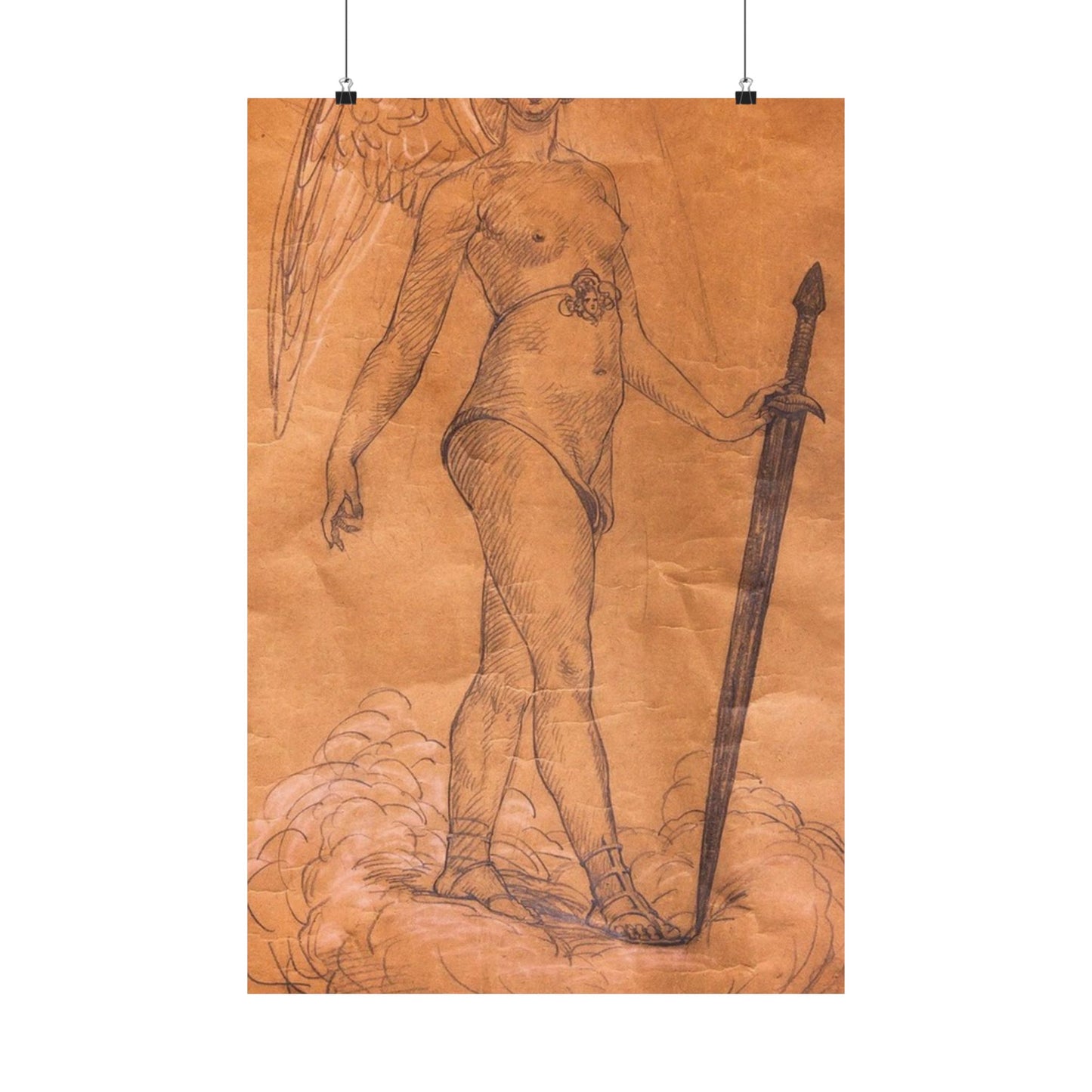 A drawing of an angel holding a sword. Woman breasts sword, beauty fashion. High Quality Matte Wall Art Poster for Home, Office, Classroom