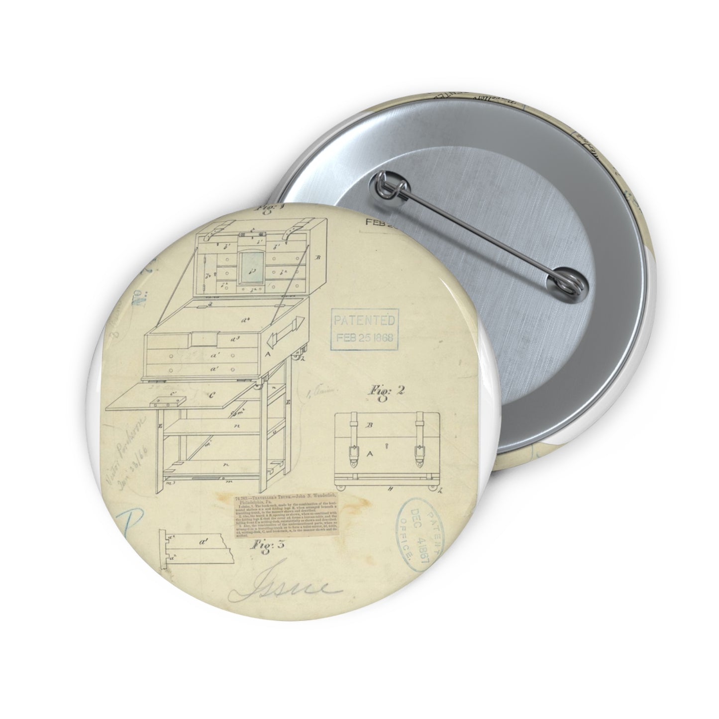 Patent Drawing of Engine - Drawing of a Travelers Trunk Public domain  image Pin Buttons with Crisp Design