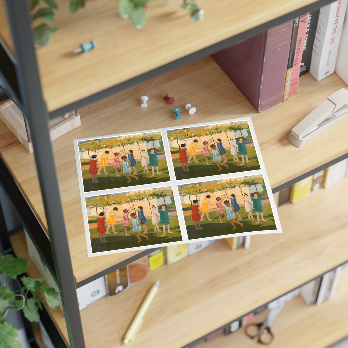 Petrona Viera - A painting of a group of children playing with a kite Laminated UV Protective Vinyl Stickers