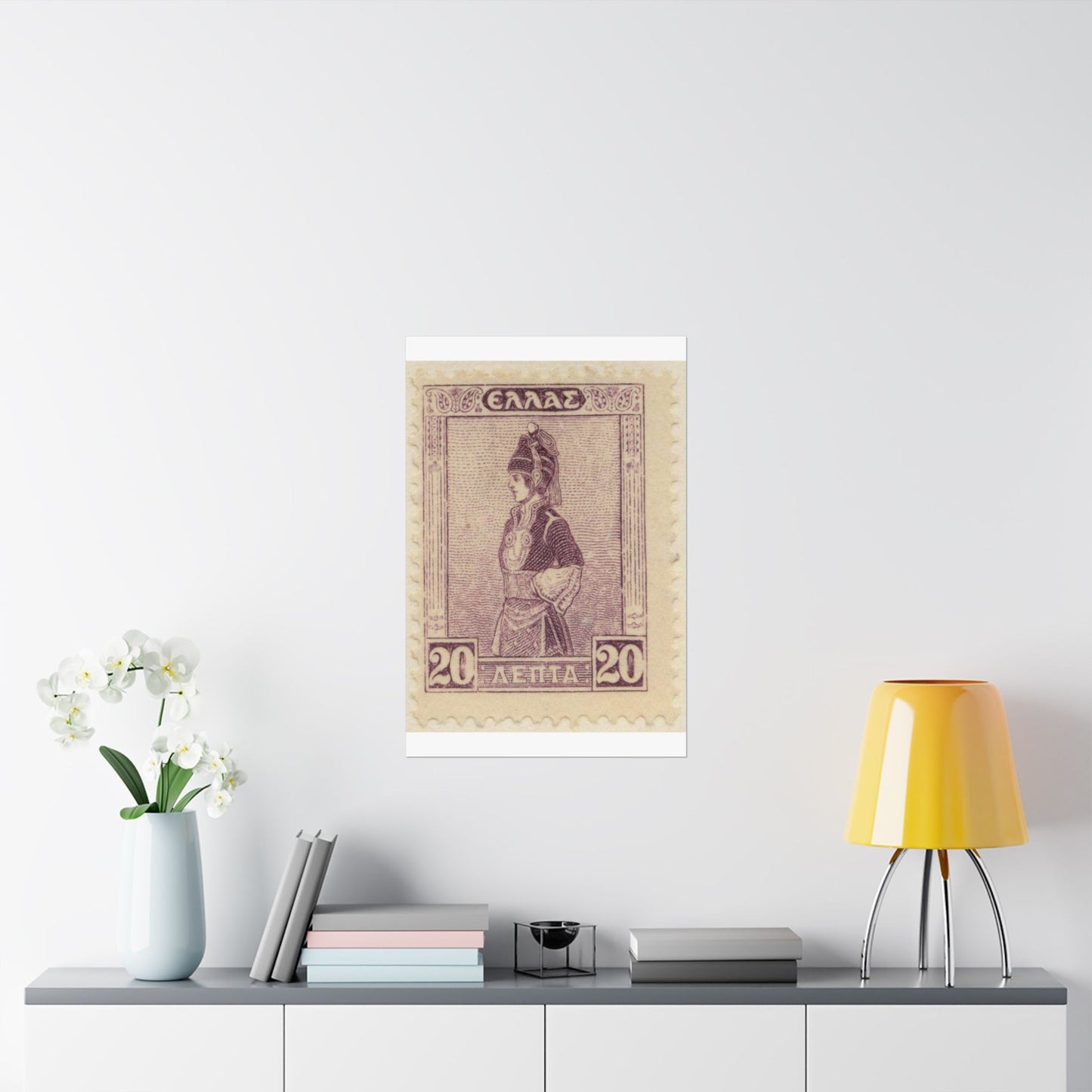 Frimärke ur Gösta Bodmans filatelistiska motivsamling, påbörjad 1950.Frimärke från GRekland, 1927. Motiv av Mecedonisk dräkt. High Quality Matte Wall Art Poster for Home, Office, Classroom