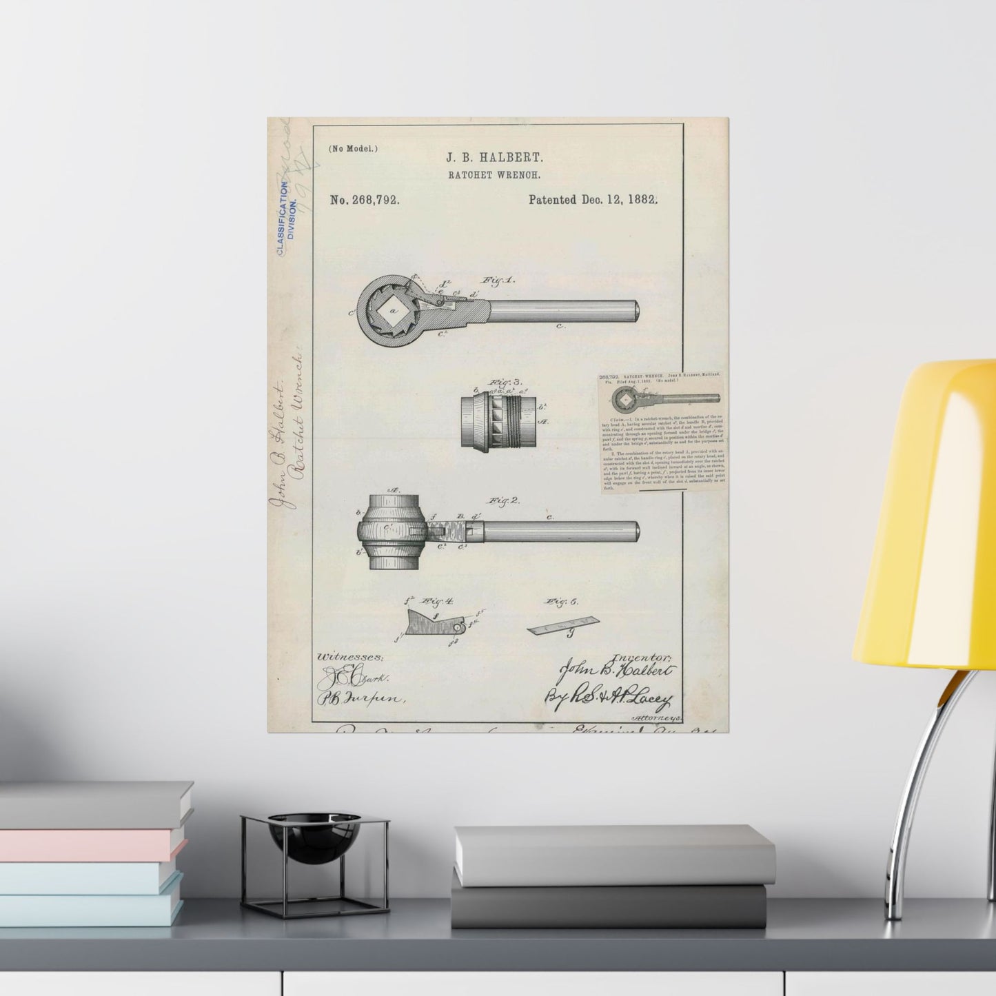 Patent Drawing of Engine - for J. B. Halbert's Ratchet Wrench Public domain  image High Quality Matte Wall Art Poster for Home, Office, Classroom