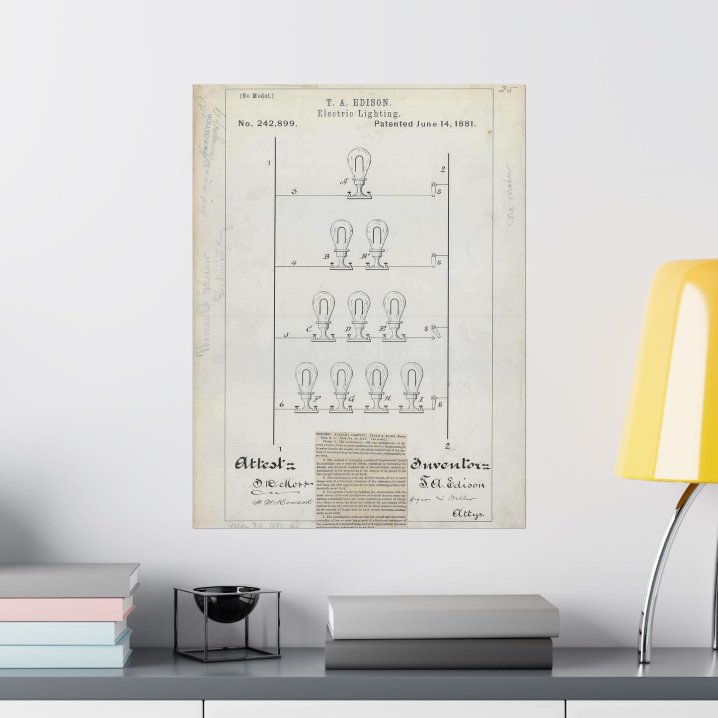 Patent drawing - for T. A. Edison's Electric Lighting Public domain  image High Quality Matte Wall Art Poster for Home, Office, Classroom