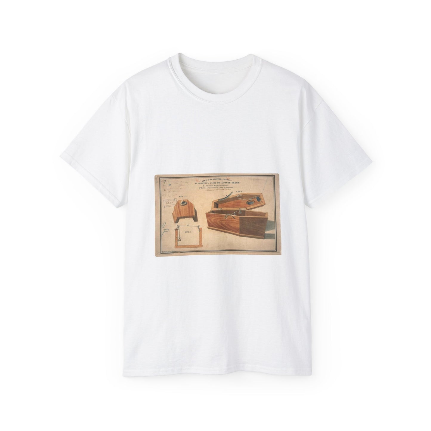 Patent drawing - Drawing for a Life - Preserving Coffin Public domain  image White T-Shirt Gildan 2000 Cotton Unisex