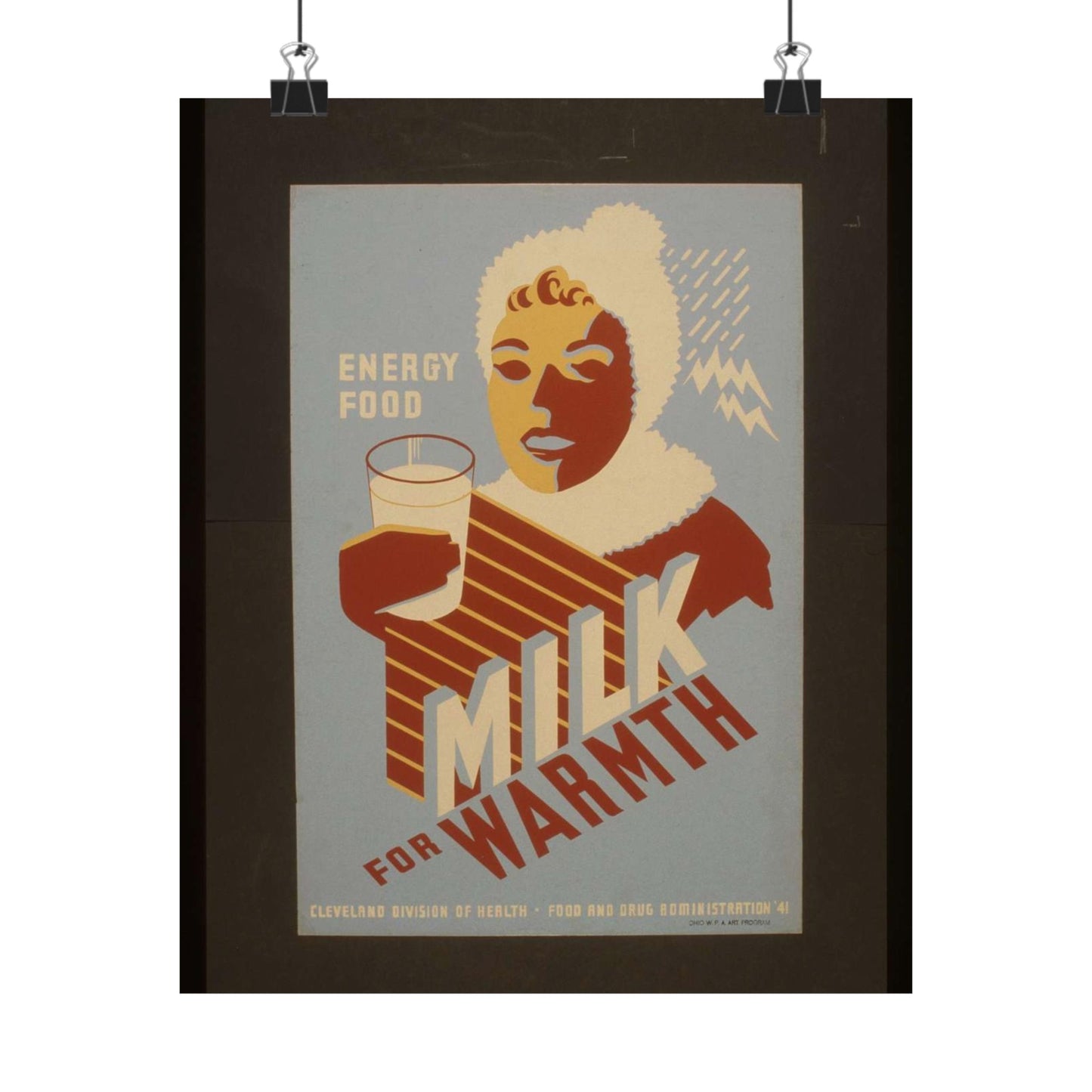 Milk - for warmth Energy food. - WPA poster, Public domain, Library of Congress High Quality Matte Wall Art Poster for Home, Office, Classroom