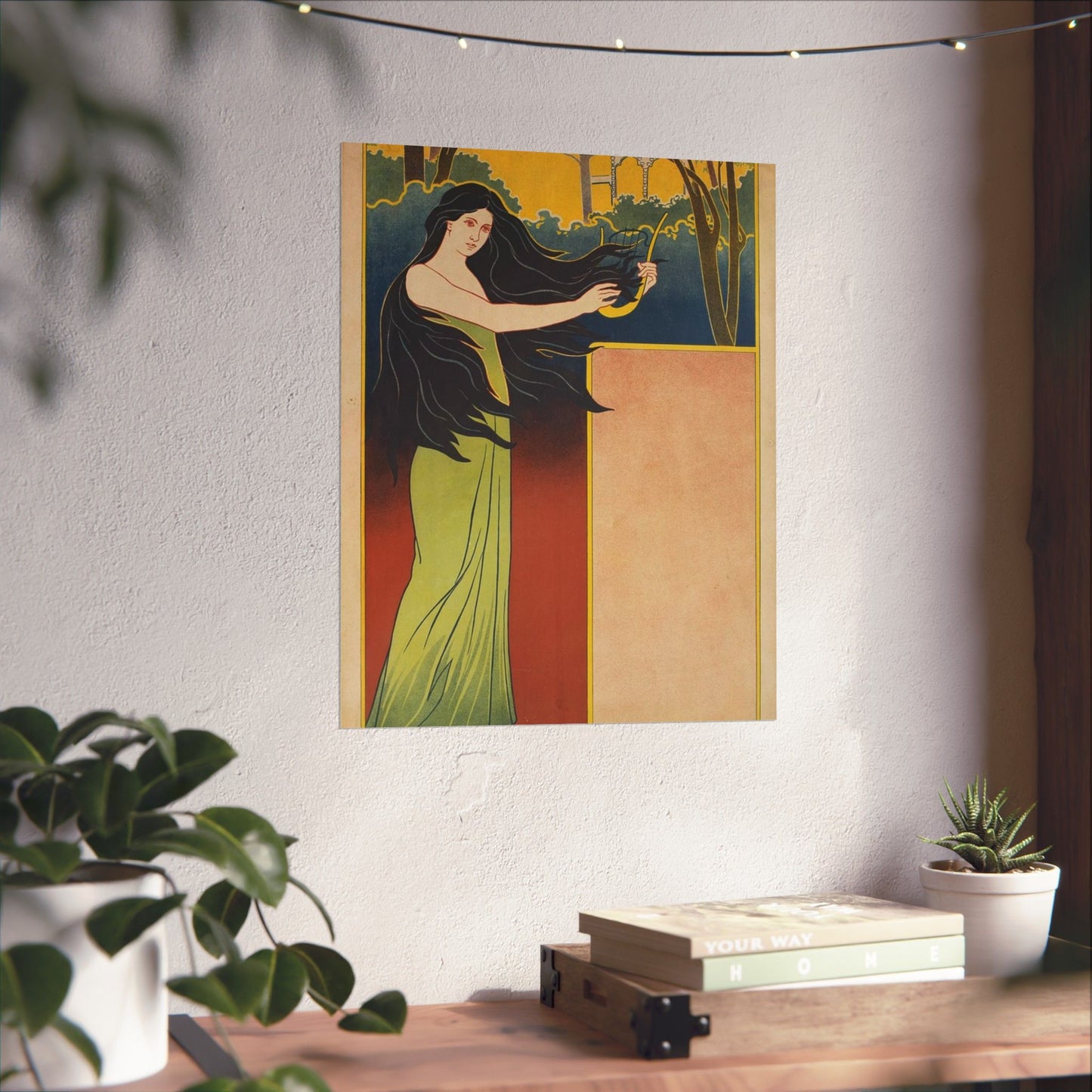A painting of a woman with long black hair. Vintage art deco, beauty fashion. High Quality Matte Wall Art Poster for Home, Office, Classroom