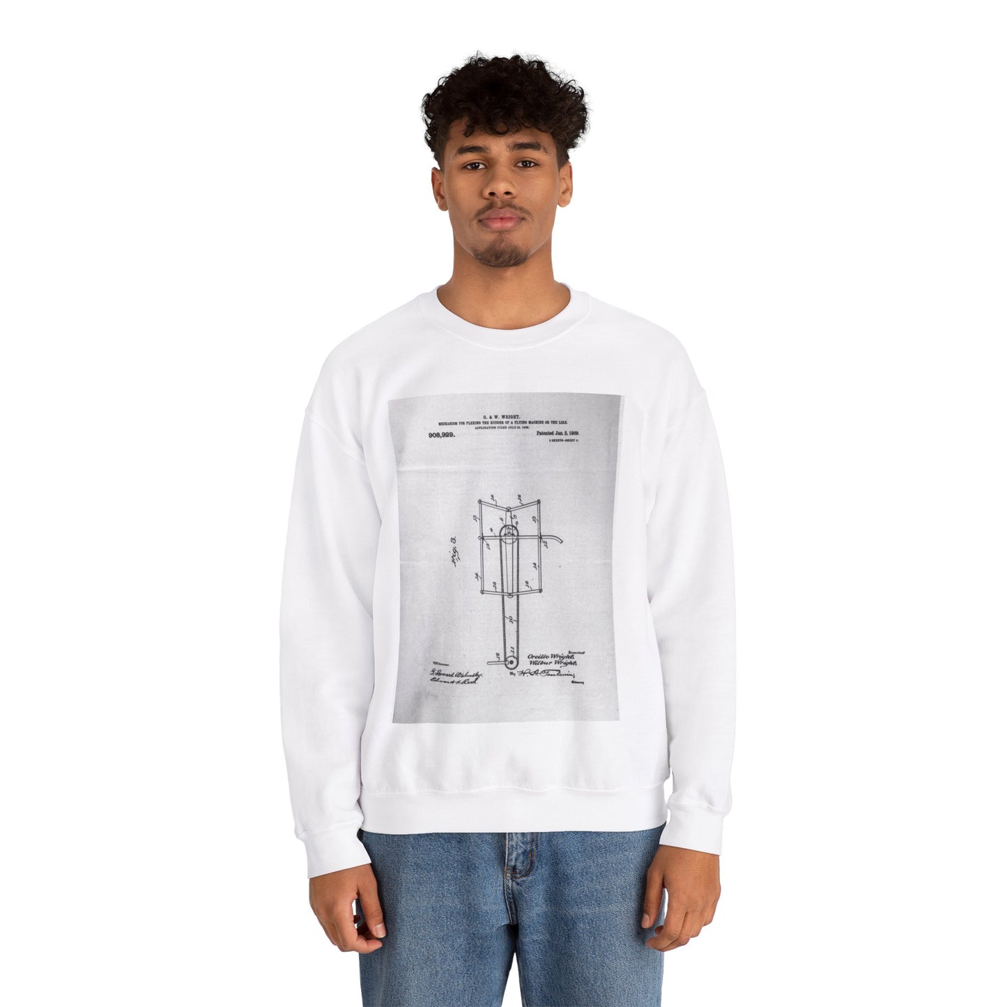 Patent drawing - Subject File:  Patents--By Wright Brothers--USA--filed 15 July 1908, patented 5 January 1909 Public domain  image White Heavy Blend Adult Crew Neck SweatShirt