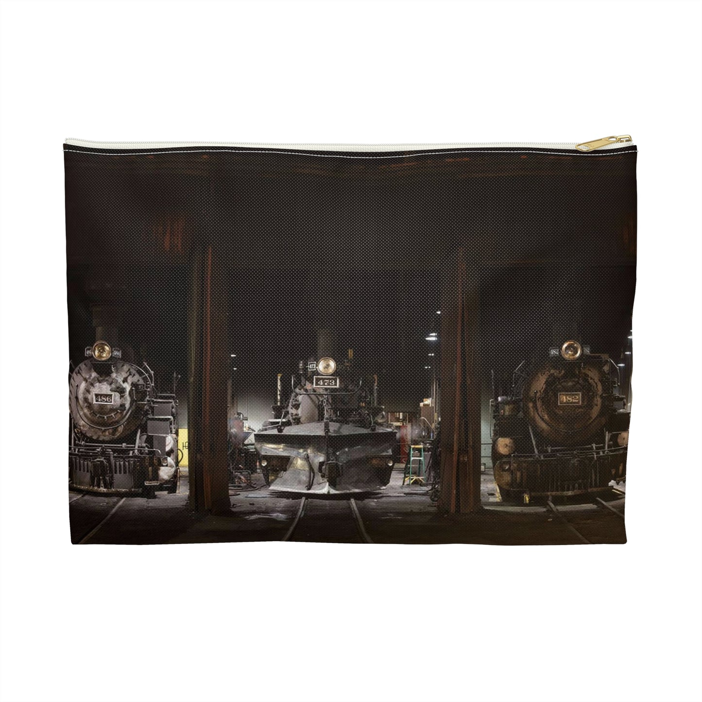 Steam locomotives in the roundhouse of the Durango & Silverton Narrow Gauge Scenic Railroad in Durango, Colorado Large Organizer Pouch with Black Zipper