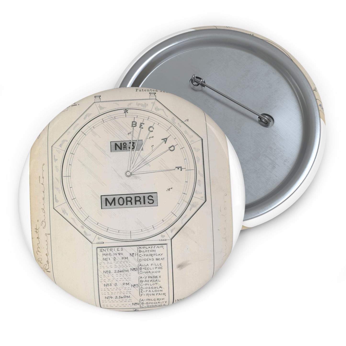 Patent drawing - for S. D. Mott's Racing Indicator Public domain  image Pin Buttons with Crisp Design