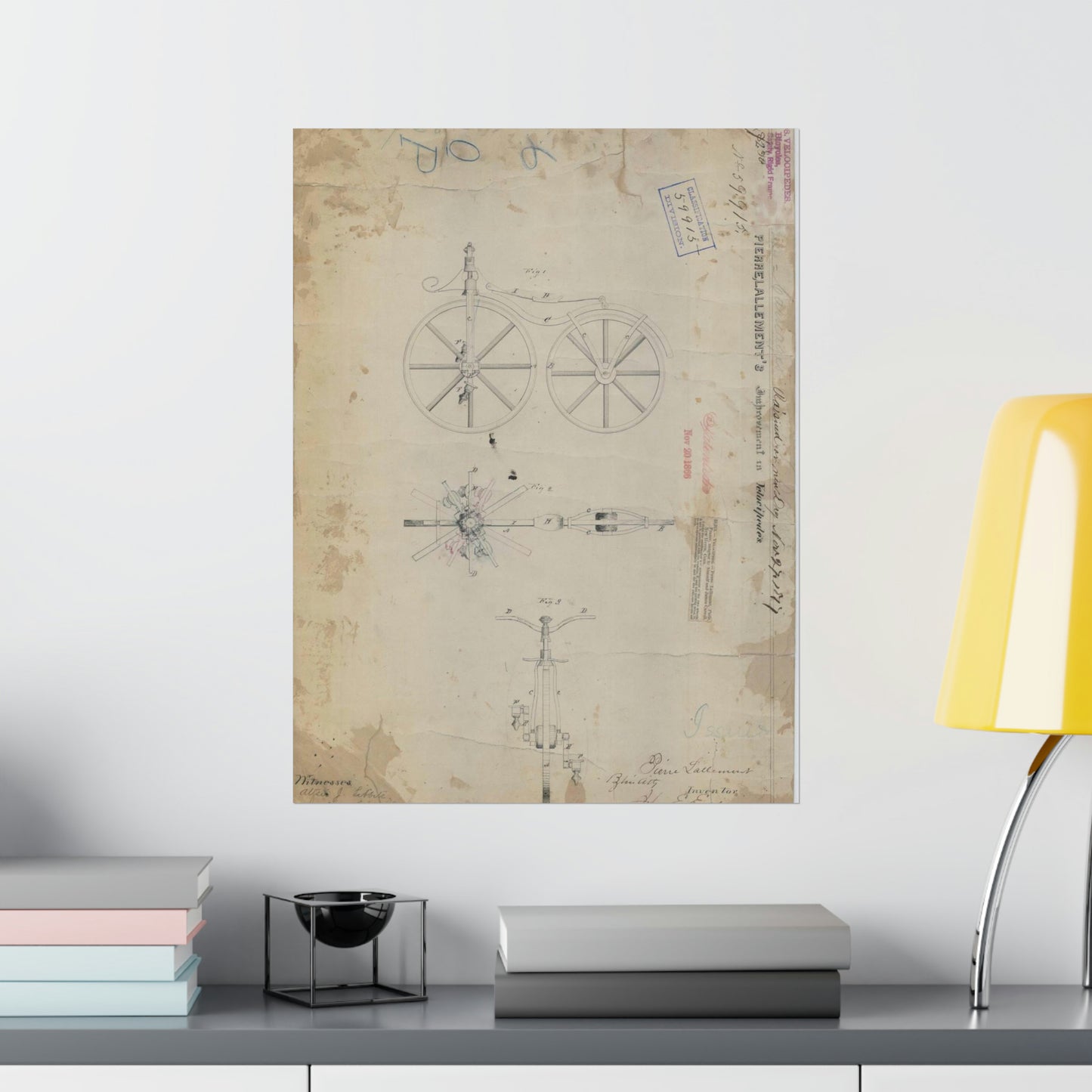 Patent drawing - for Pierre Lallement's Improvement in Velocipedes Public domain  image High Quality Matte Wall Art Poster for Home, Office, Classroom