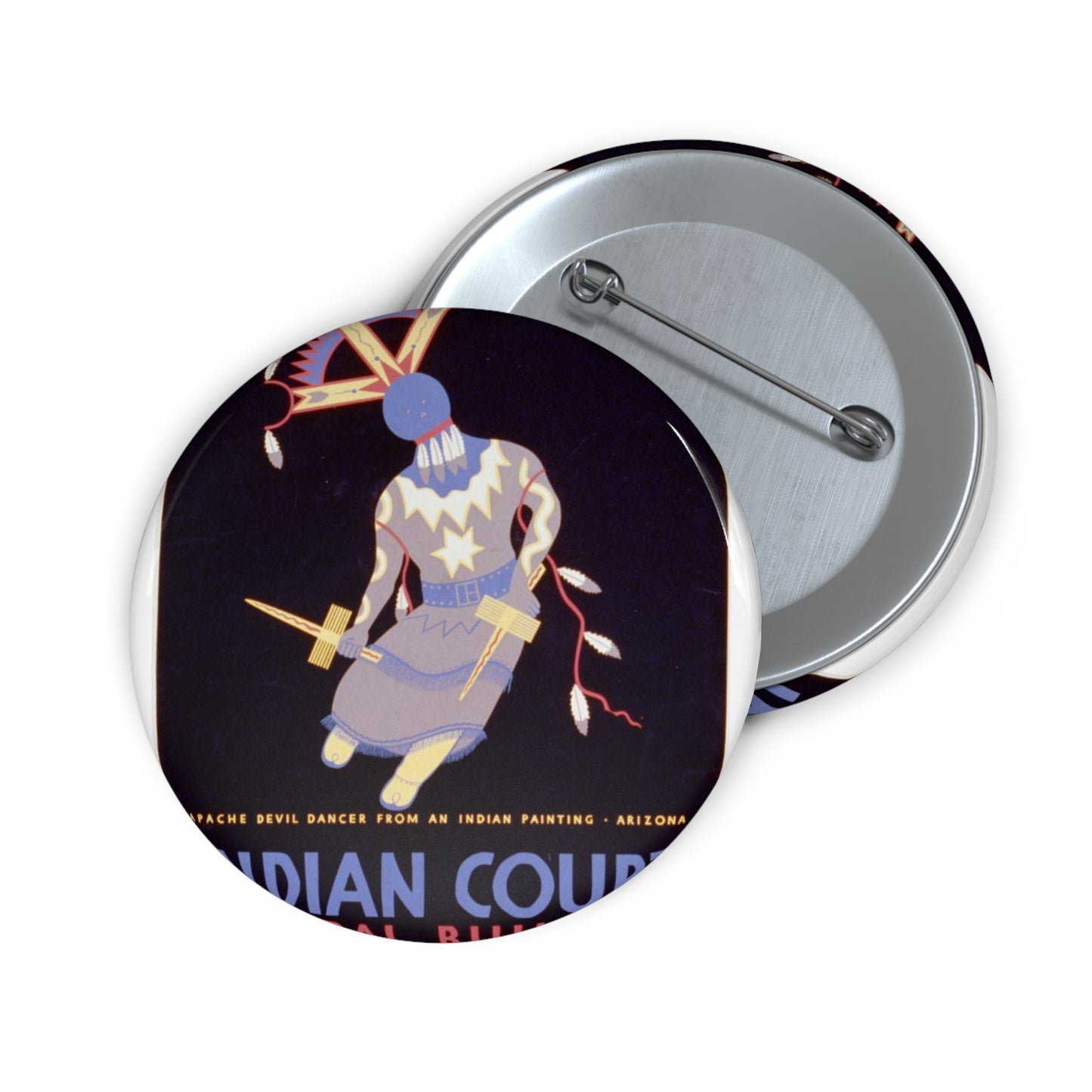 Indian court, Federal Building, Golden Gate International Exposition, San Francisco, 1939 Apache devil dancer from an Indian painting, Arizona / / Siegriest. Pin Buttons with Crisp Design