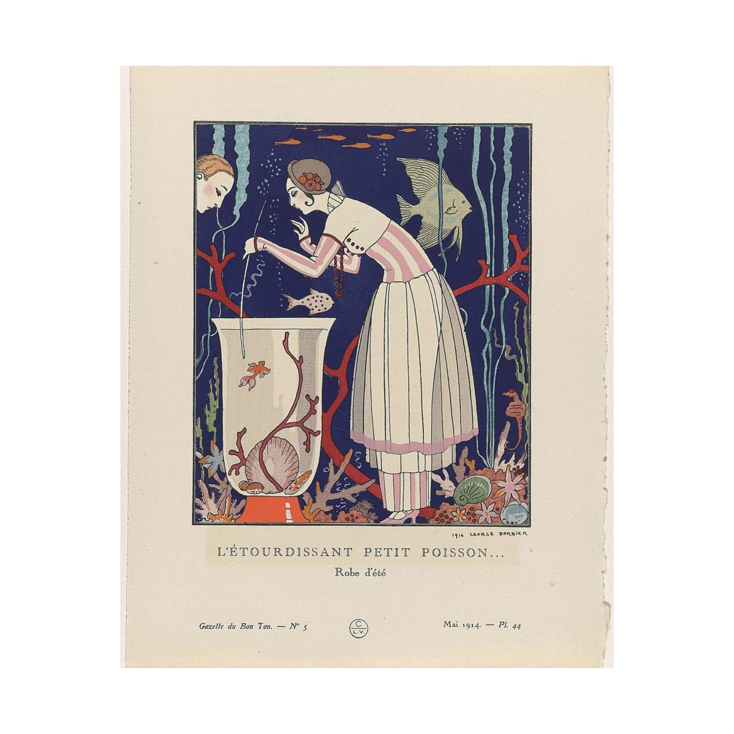 Gazette du Bon Ton, 1914 - No. 5, Pl. 44: L'étourdissant petit poisson (...) / Robe d'été High Quality Matte Wall Art Poster for Home, Office, Classroom