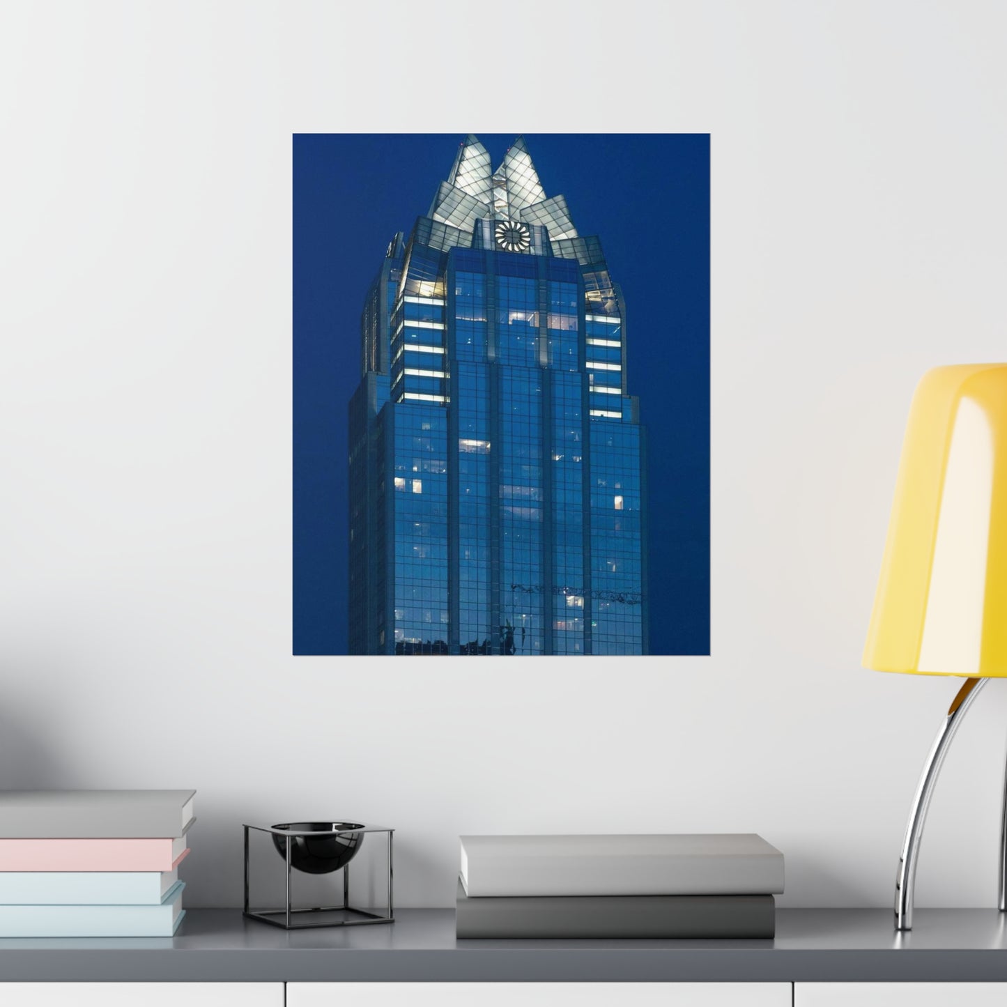 The upper reaches of Frost Bank Tower, a prominent Austin, Texas, skyscraper High Quality Matte Wall Art Poster for Home, Office, Classroom