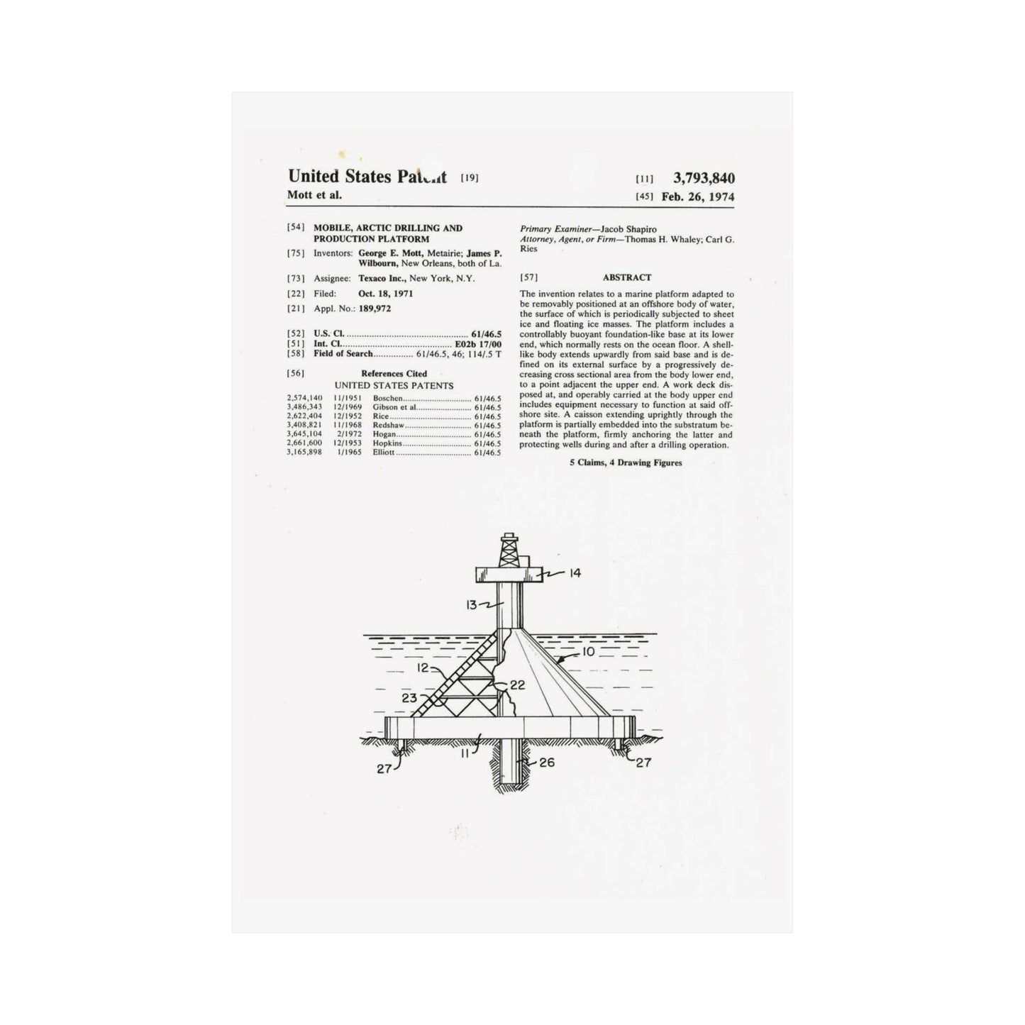 Patent Case File No. 3,793,840, Mobile Arctic Drilling and Production Platform, Inventor(s)- George E. Mott and James P. Wilbourn. - DPLA - 8f260bf2cd8926afbf4da017454f39b3 (page 6) High Quality Matte Wall Art Poster for Home, Office, Classroom