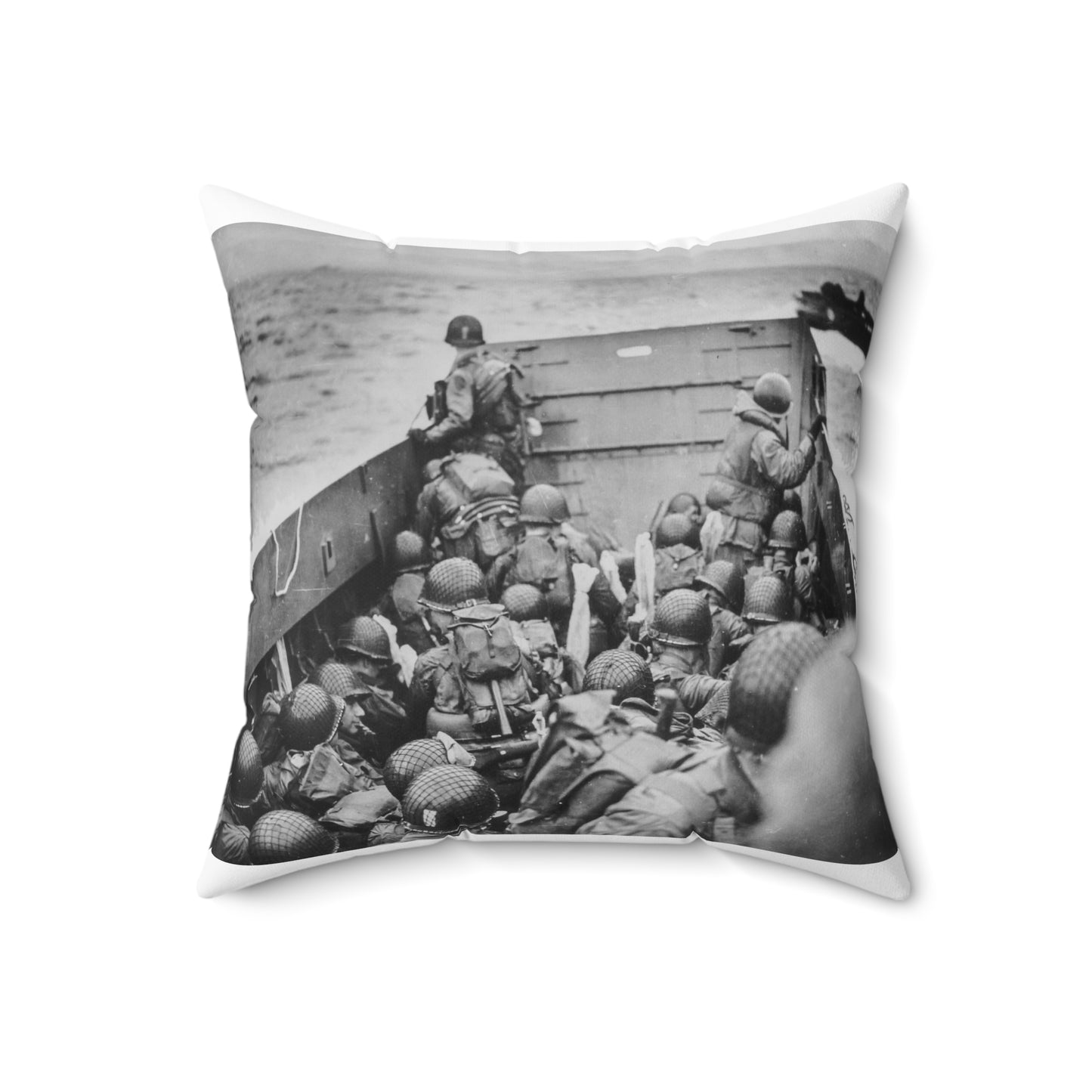 Photograph of Soldiers Crouching Behind the Bulwarks of a Coast Guard Landing Barge Decorative Accent Square Pillow