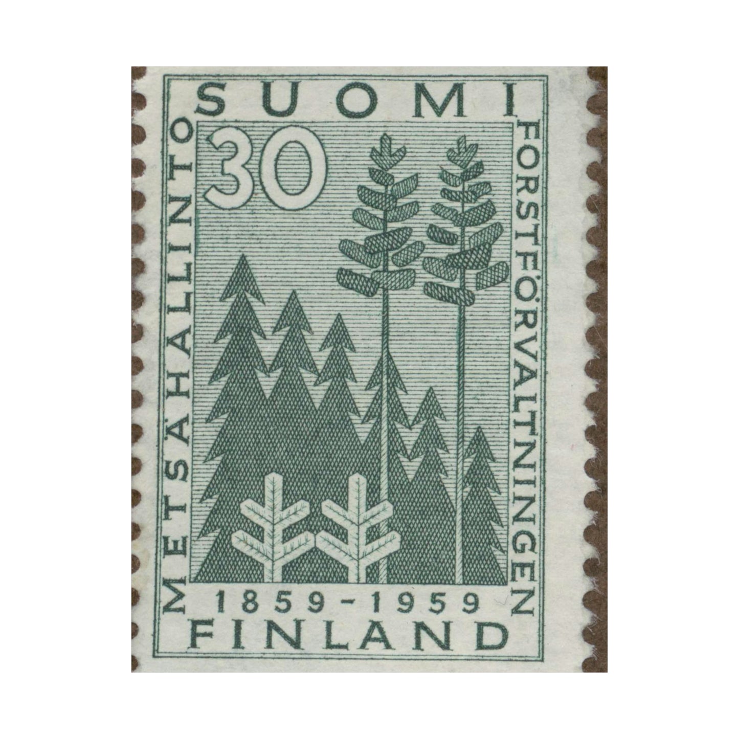 Frimärke ur Gösta Bodmans filatelistiska motivsamling, påbörjad 1950.Frimärke från Finland, 1959. Motiv av stiliserad gran och tall. "Forstförvaltningen 100 år: 1859-1959". High Quality Matte Wall Art Poster for Home, Office, Classroom