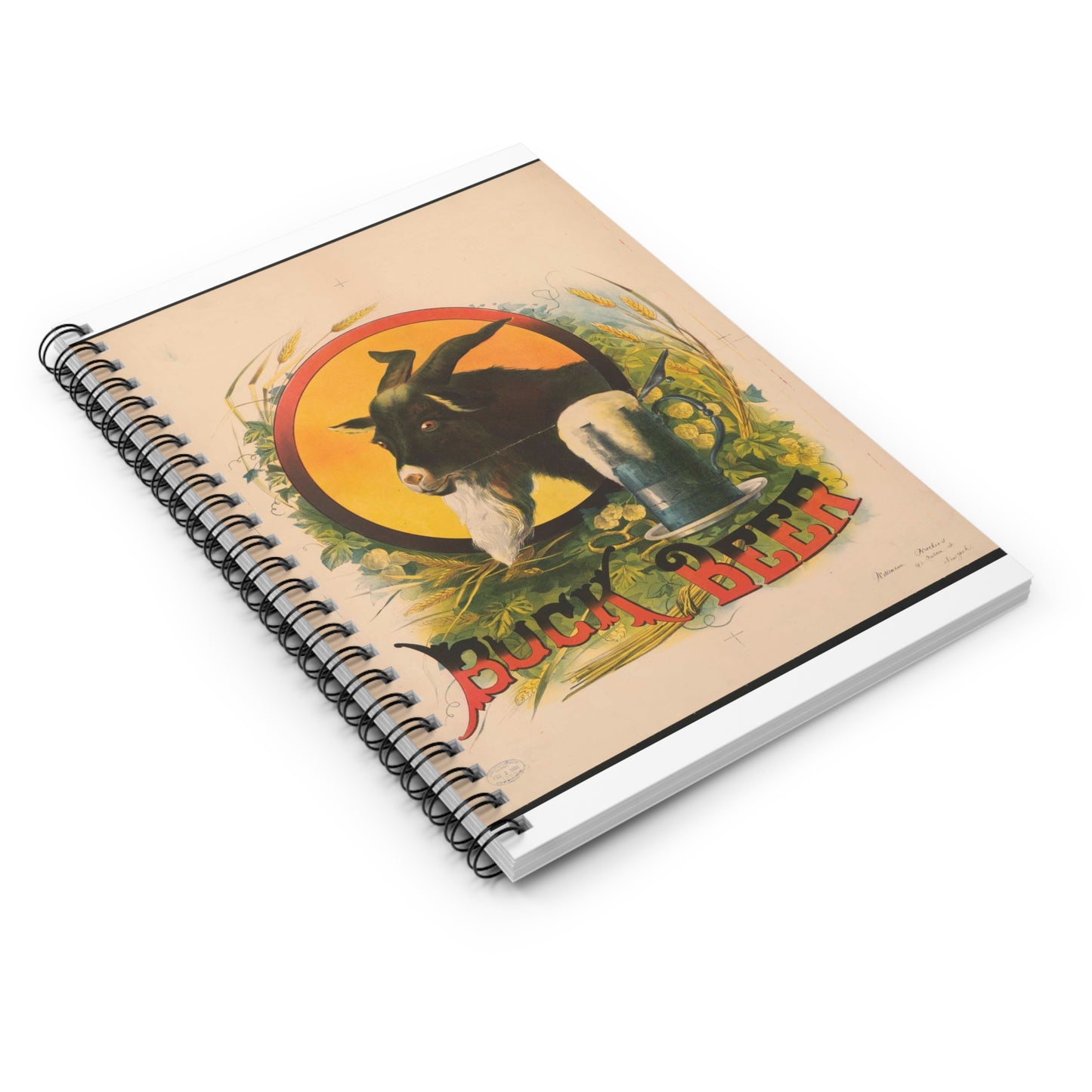 Bock Beer, the head of a goat inside an oval, with a stein of beer sitting on a bed of hops, underneath the oval Spiral Bound Ruled Notebook with Printed Cover