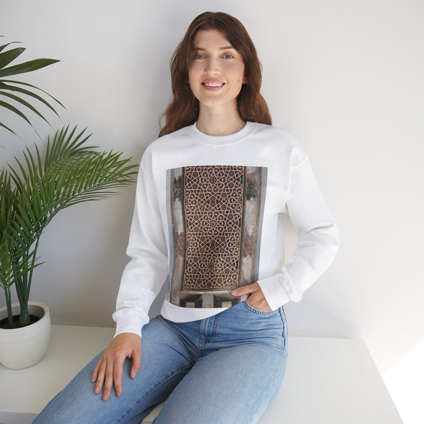 Wall Panel with Geometric Interlace White Heavy Blend Adult Crew Neck SweatShirt