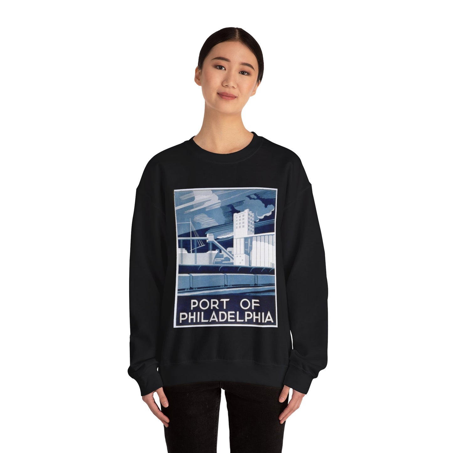 Port of Philadelphia, Art Deco Poster Black Heavy Blend Adult Crew Neck SweatShirt