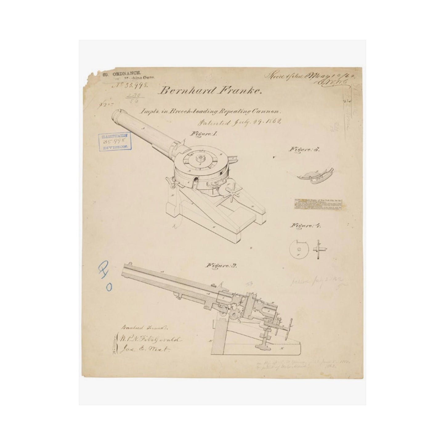 Patent drawing - Drawing of Improvements in Breech-Loading Repeating Cannon Public domain  image High Quality Matte Wall Art Poster for Home, Office, Classroom